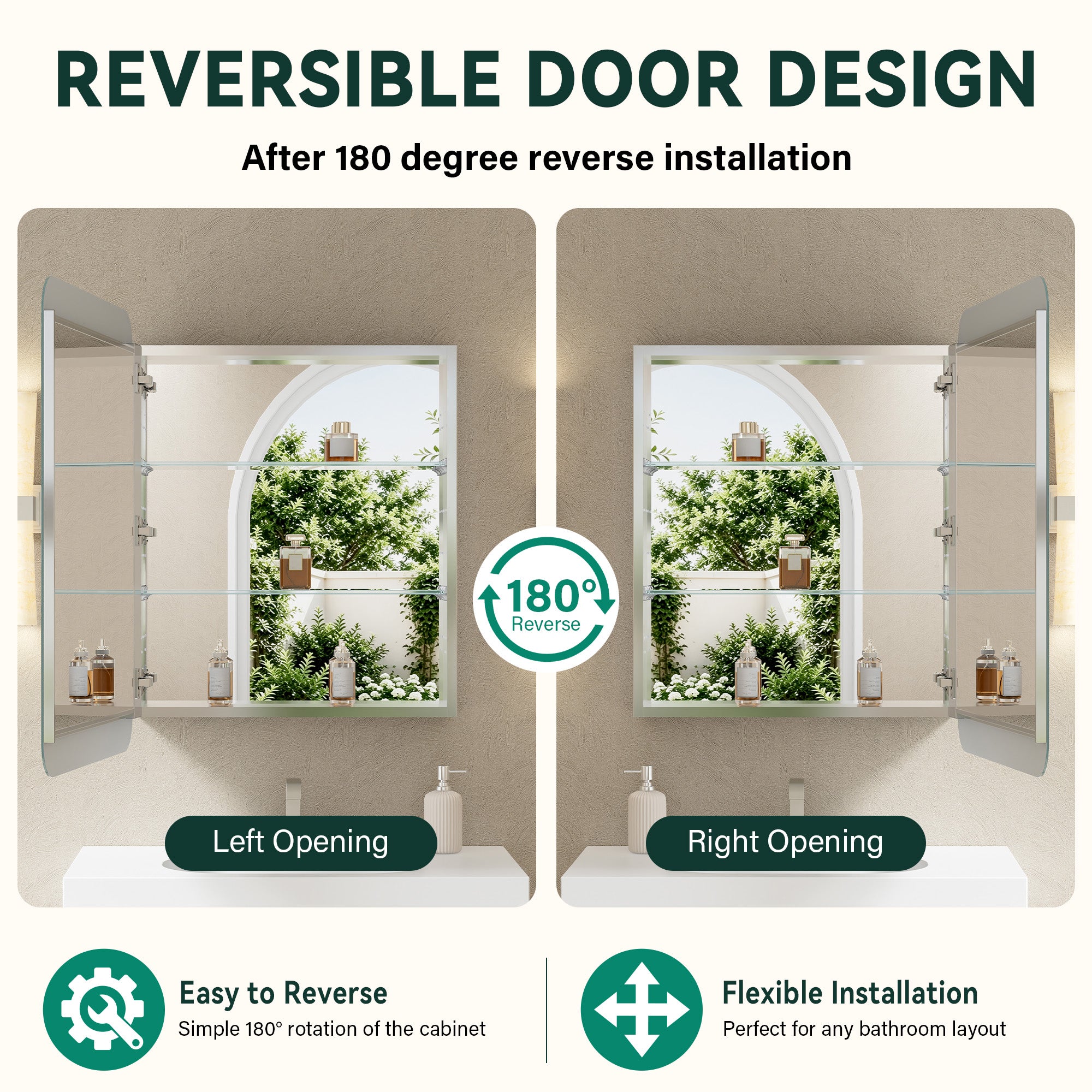 24 in. × 32 in. Aluminum Mirror Medicine Cabinet with Reversible Door Swing, Recessed or Surface Mount, Adjustable Shelves