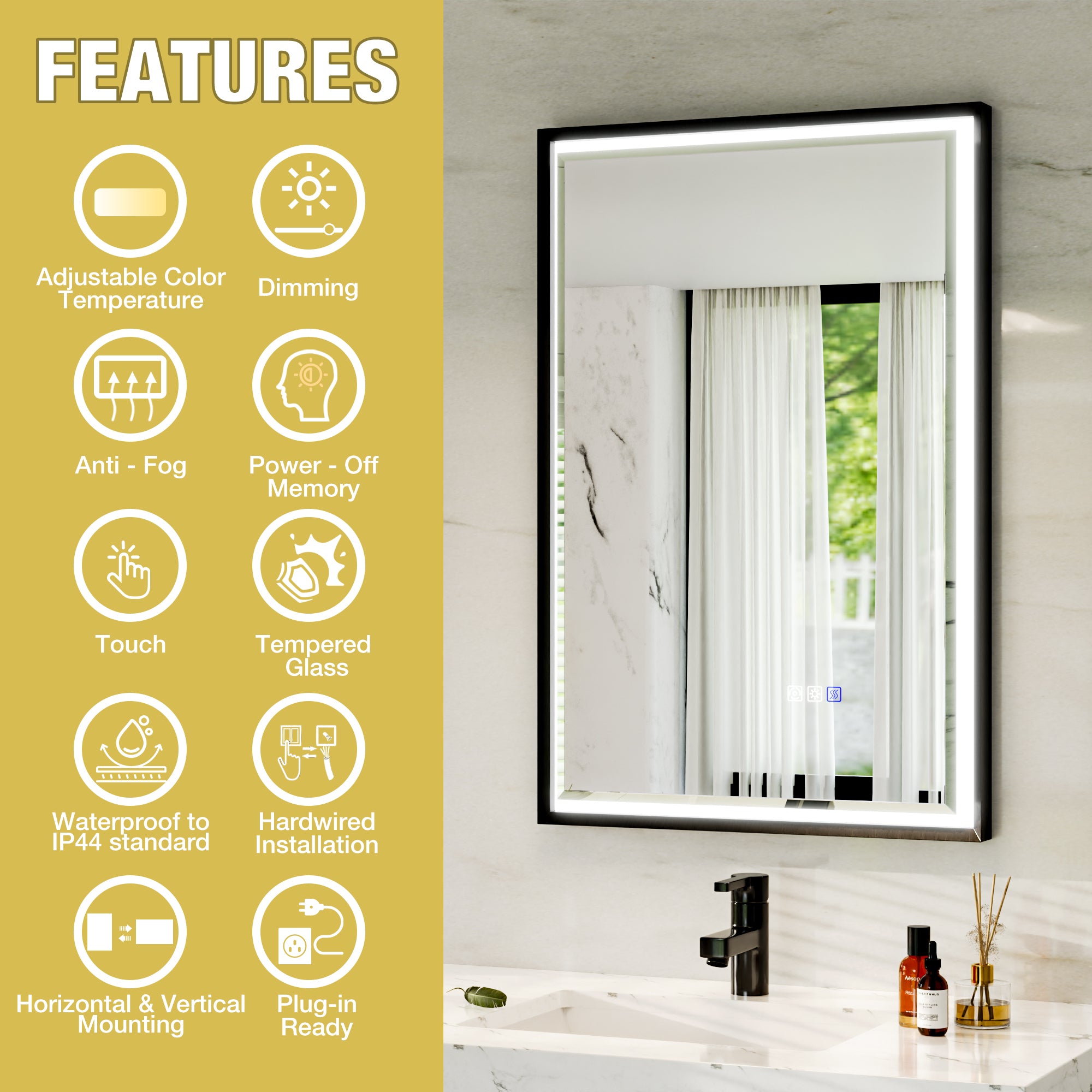 22 in. W x 34 in. Aluminum Framed LED Bathroom Mirror - Anti-Fog, Dimmable, Smart Memory, Matte Black