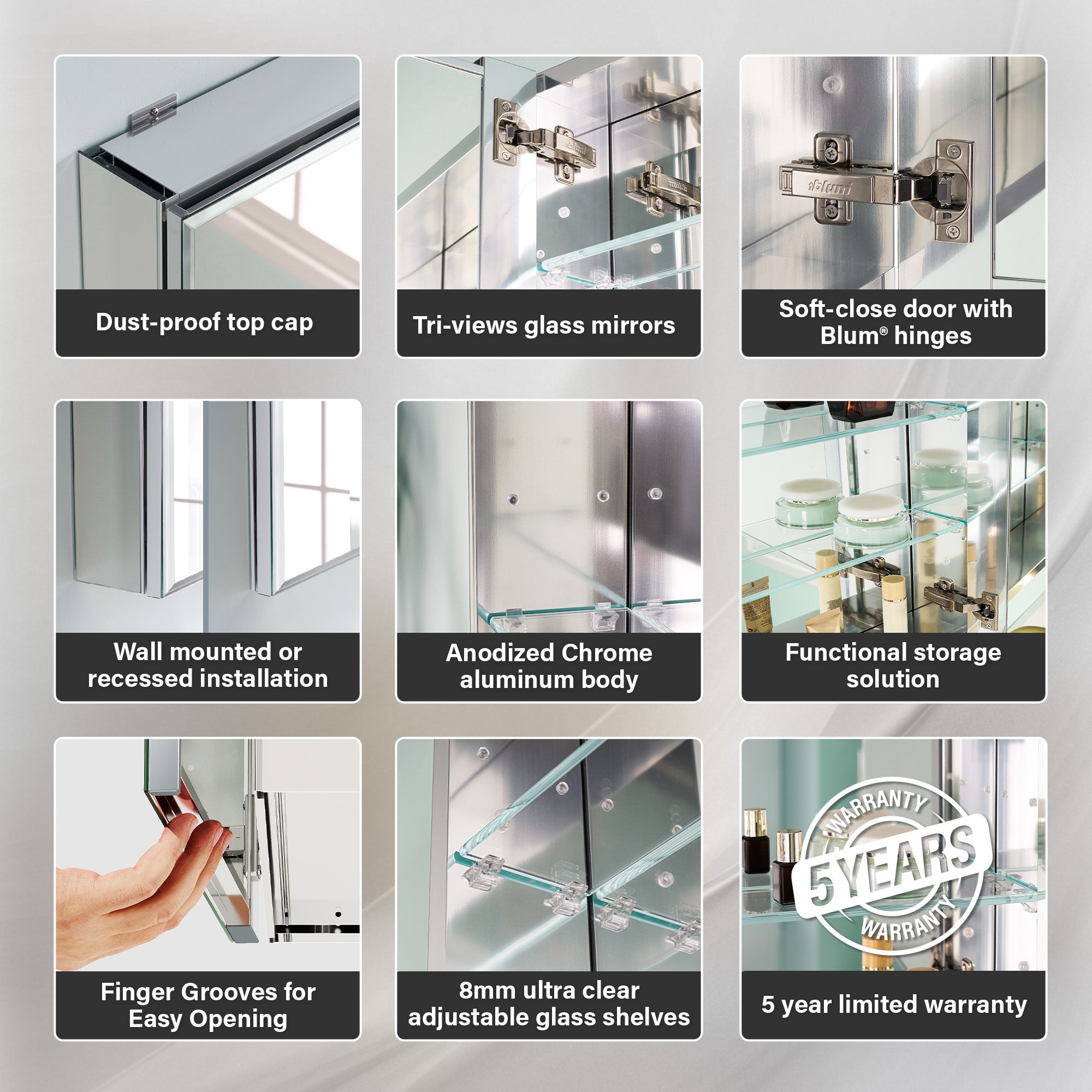 72 in.×30 in.H Aluminum Copper-Free Mirror Medicine Cabinet with Beveled Mirror Door, Recessed or Surface Mount, Adjustable Shelves