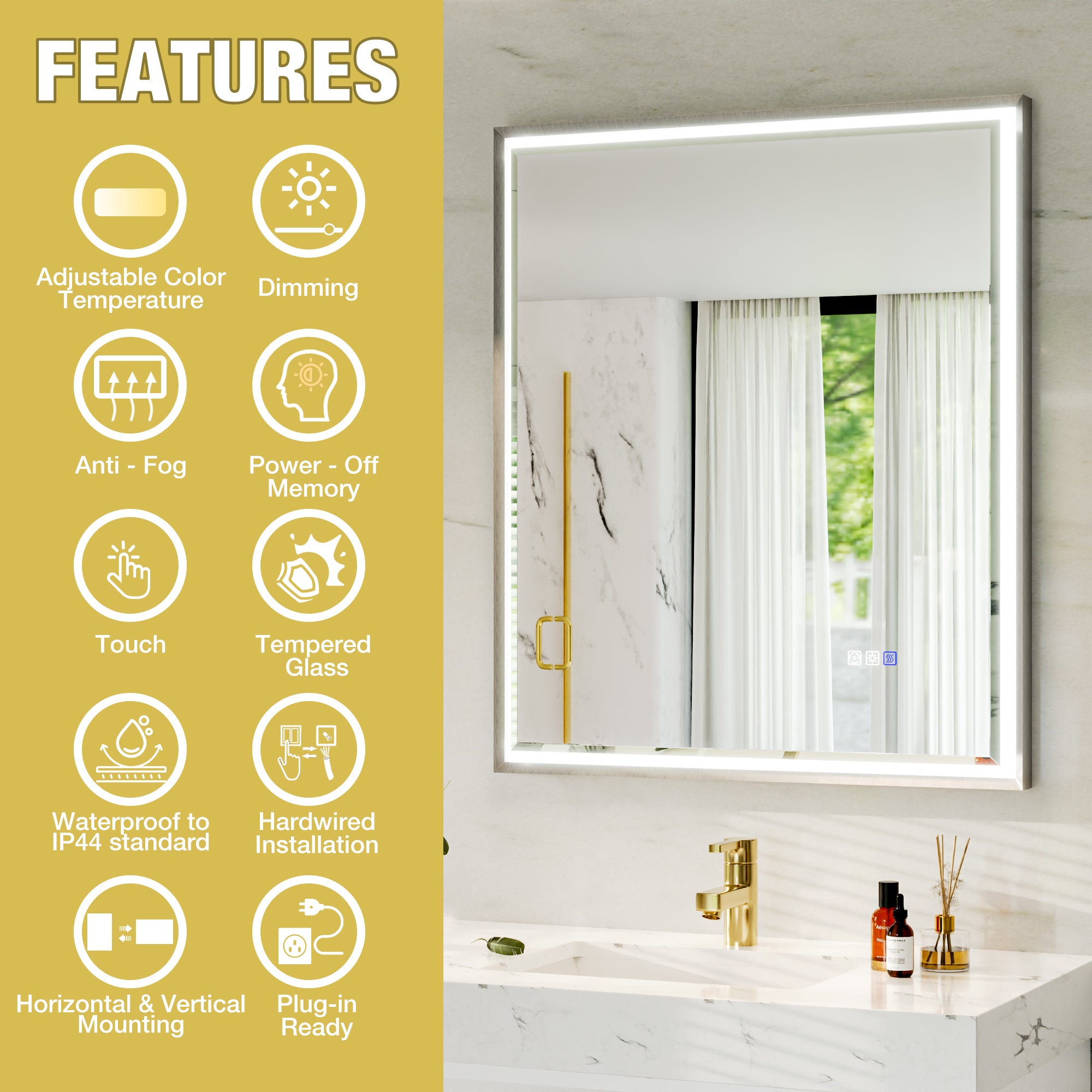 30 in. W x 36 in. Aluminum Framed LED Bathroom Mirror - Anti-Fog, Dimmable, Smart Memory, Brushed Nickel
