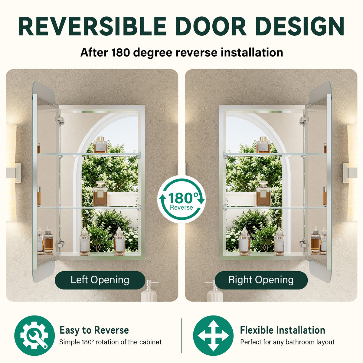 16 in. × 32 in. Aluminum Mirror Medicine Cabinet with Reversible Door Swing, Recessed or Surface Mount, Adjustable Shelves