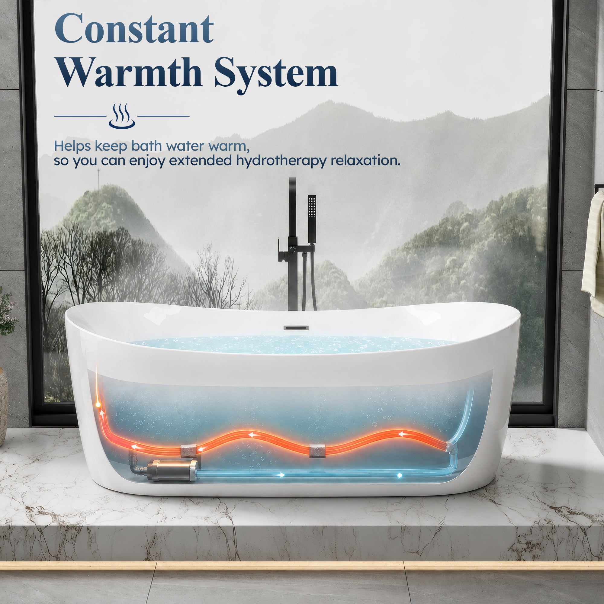72 in. x 34 in. Acrylic Freestanding Whirlpool & Air Bubble Heated Bathtub with LED Control Panel, Water Jets, Drain & Overflow, Glossy White