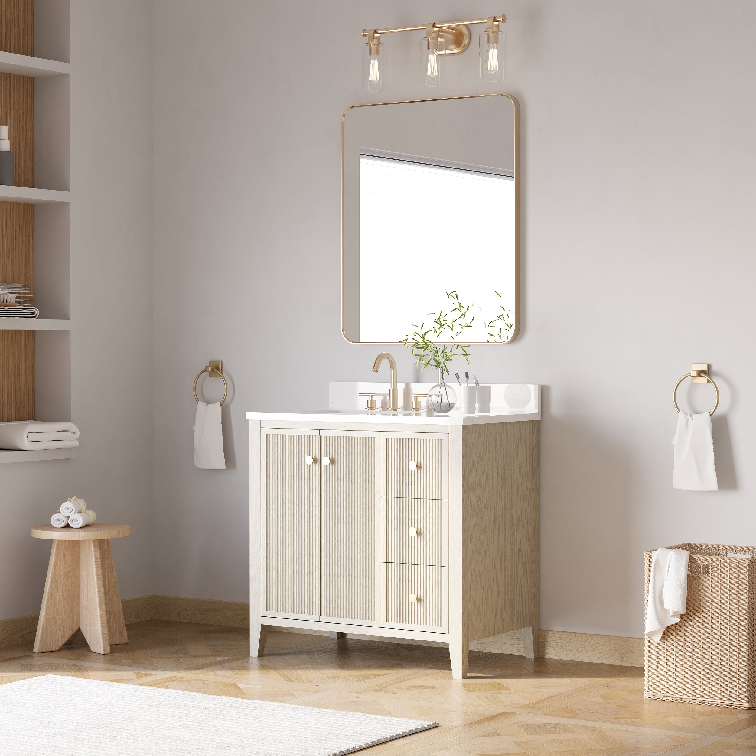 36" ASH Bathroom Vanity with Single Undermount Sink, 3 Dovetail-constructed Drawers, 2 Soft-Closing Doors