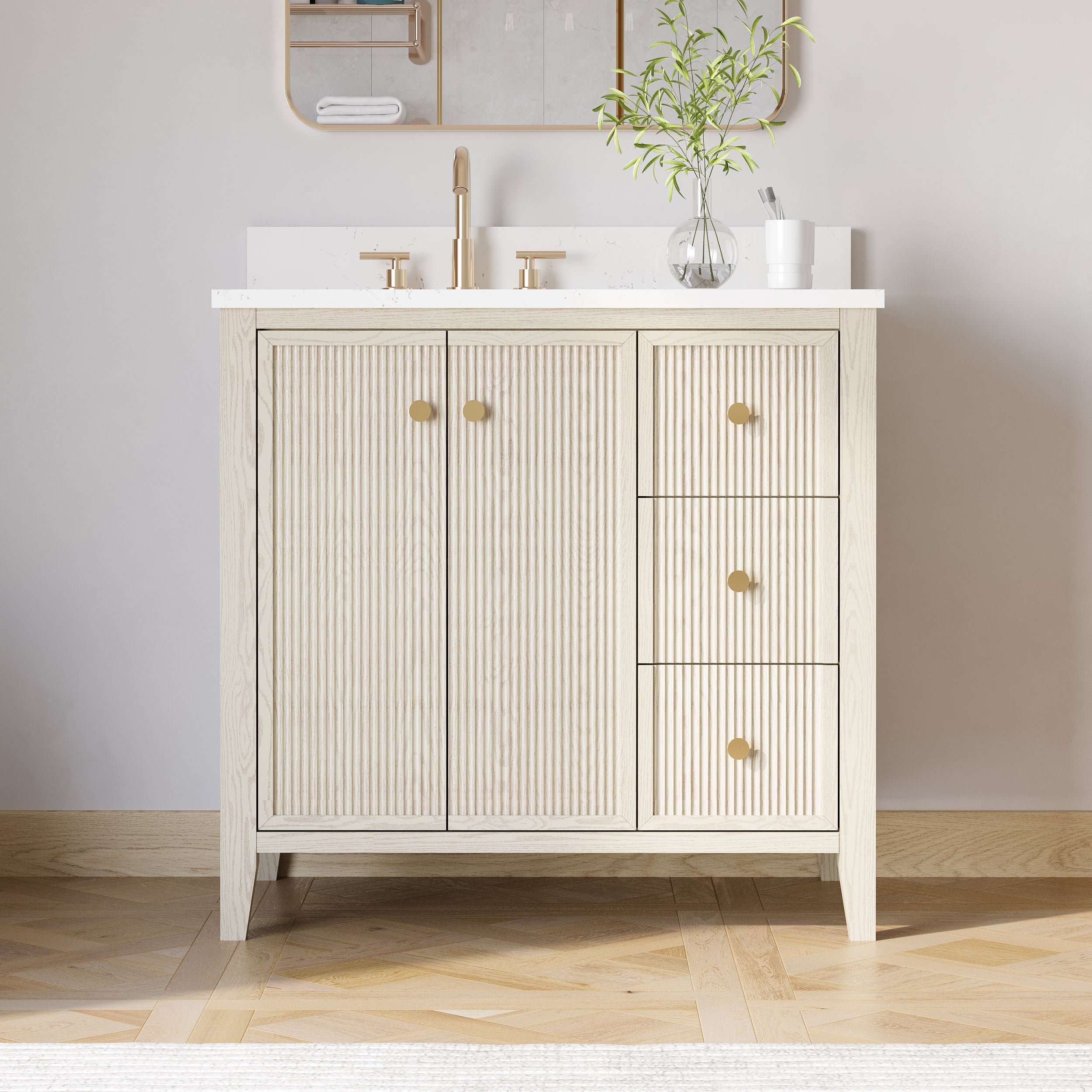 36" ASH Bathroom Vanity with Single Undermount Sink, 3 Dovetail-constructed Drawers, 2 Soft-Closing Doors