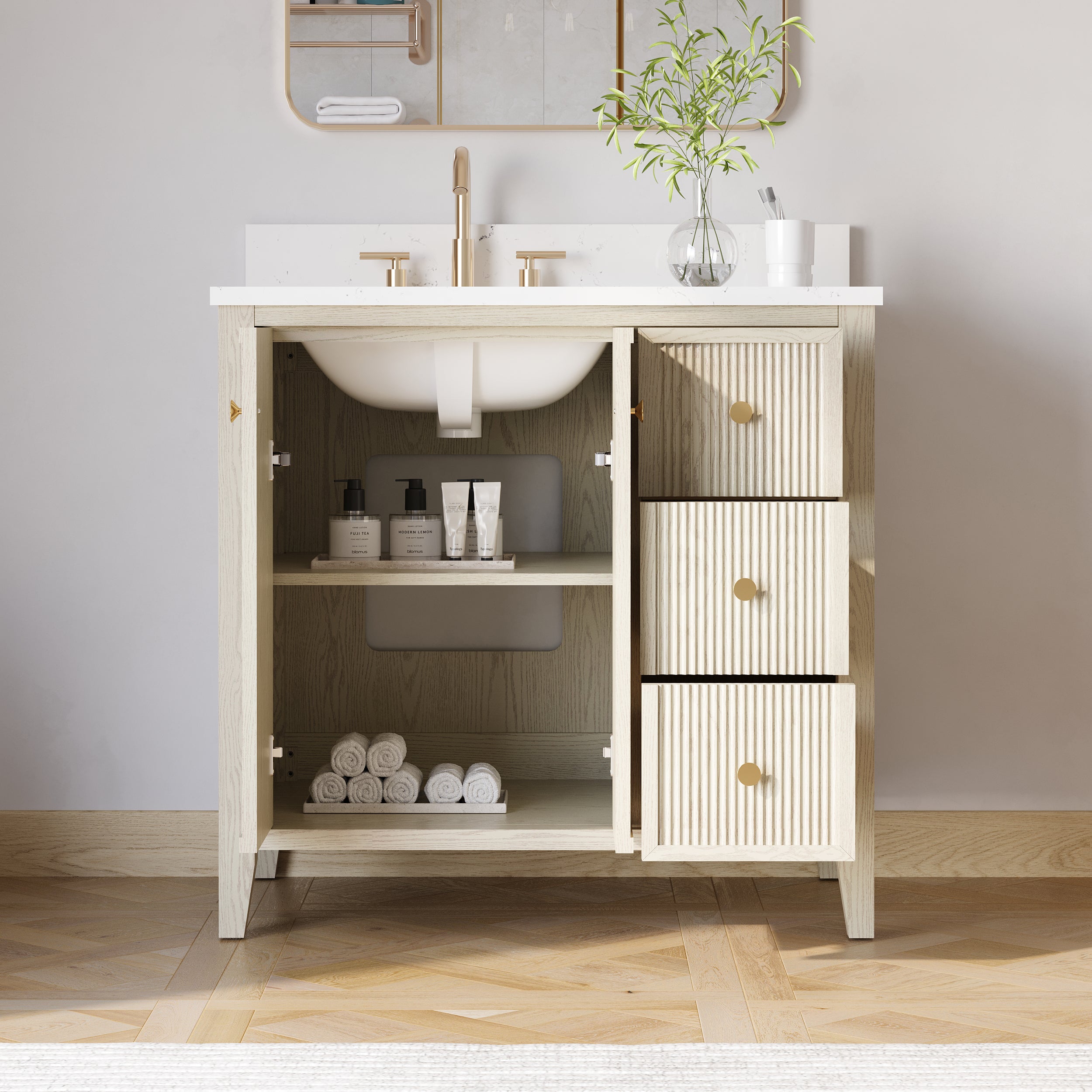 36" ASH Bathroom Vanity with Single Undermount Sink, 3 Dovetail-constructed Drawers, 2 Soft-Closing Doors