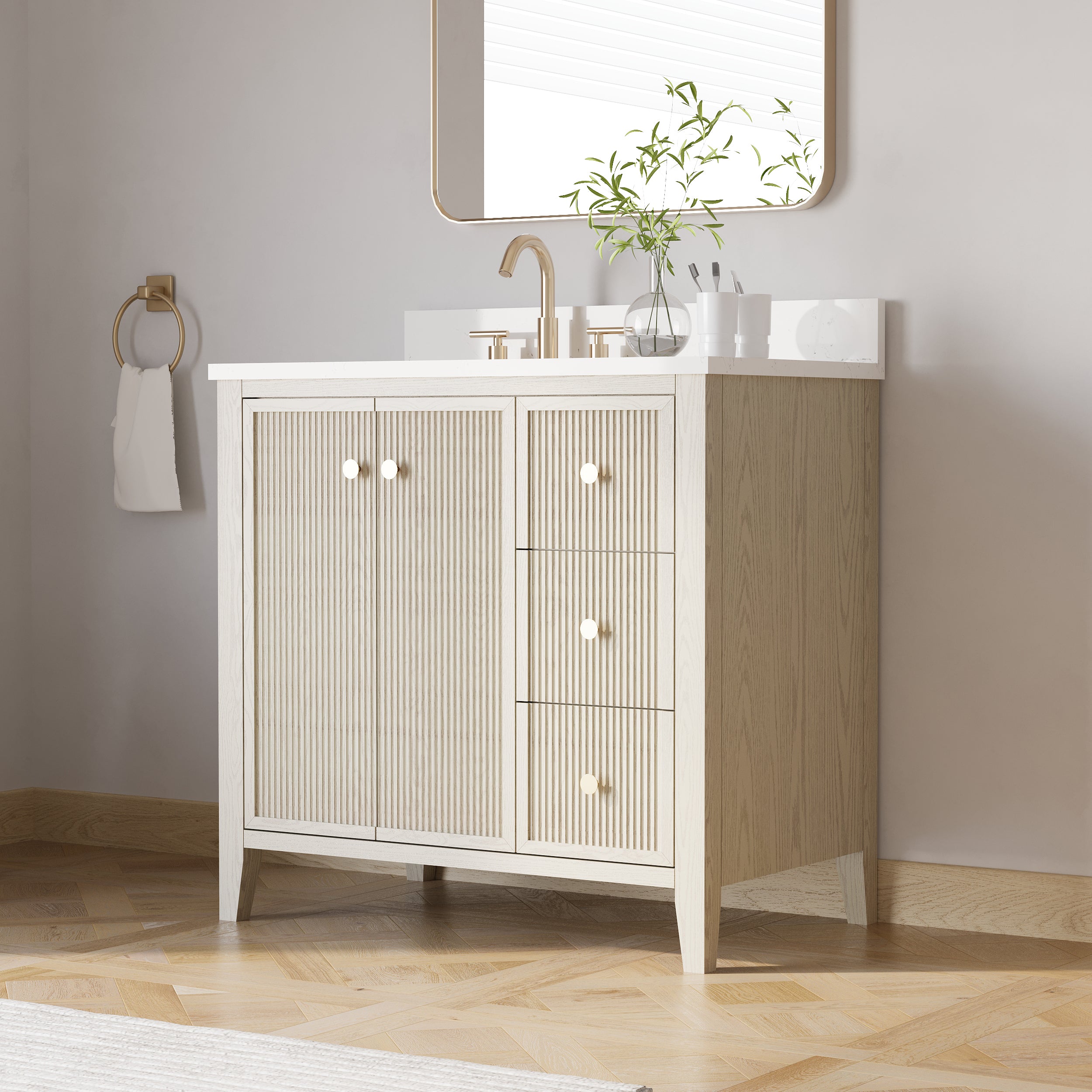 36" ASH Bathroom Vanity with Single Undermount Sink, 3 Dovetail-constructed Drawers, 2 Soft-Closing Doors