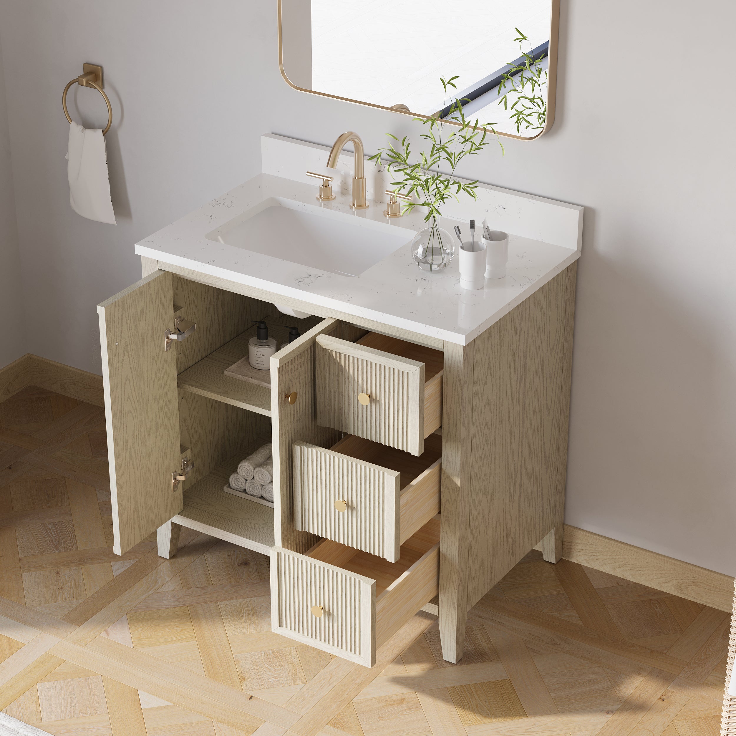 36" ASH Bathroom Vanity with Single Undermount Sink, 3 Dovetail-constructed Drawers, 2 Soft-Closing Doors