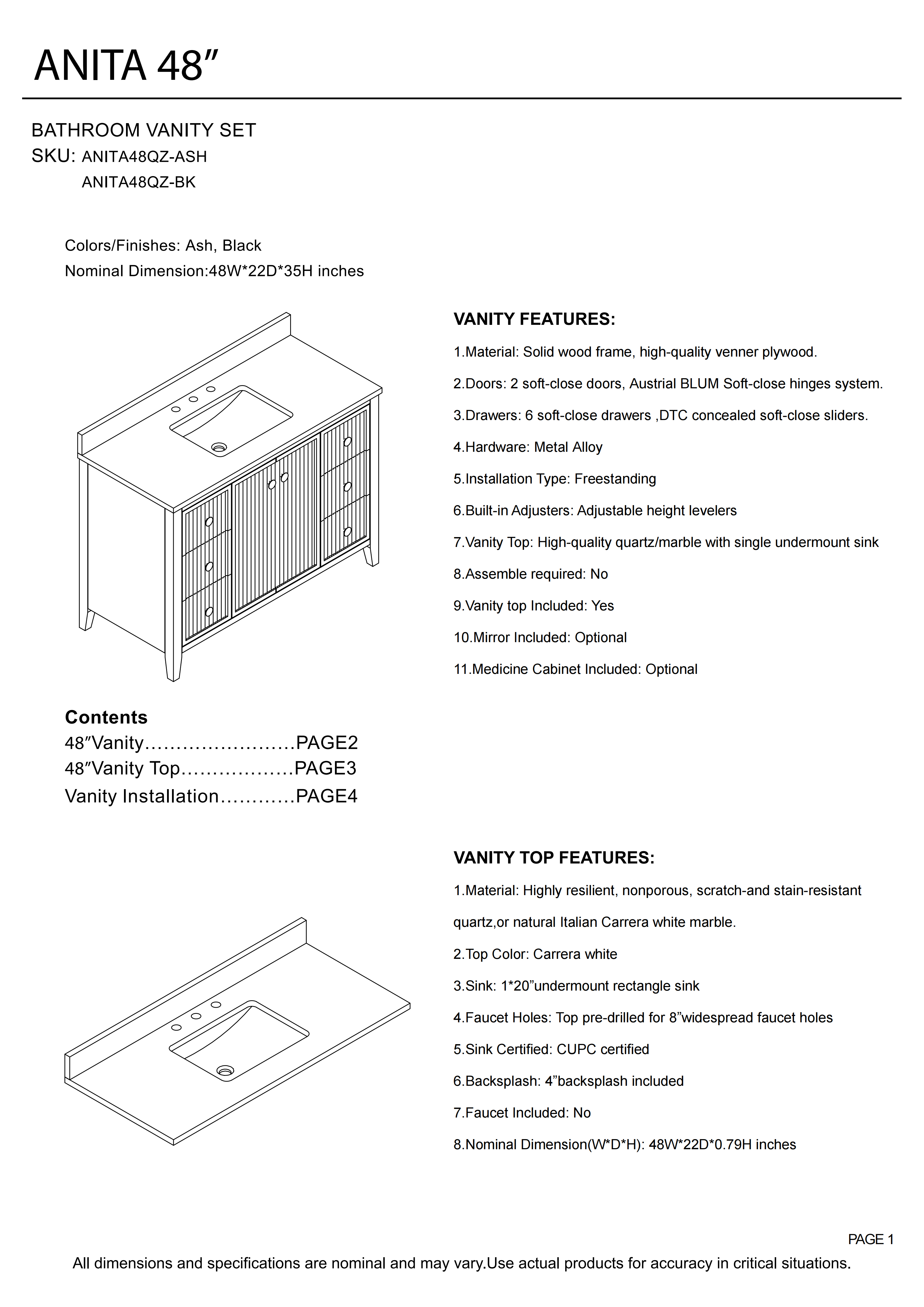 48" ASH Bathroom Vanity with Single Undermount Sink, 6 Dovetail-constructed Drawers, 2 Soft-Closing Doors