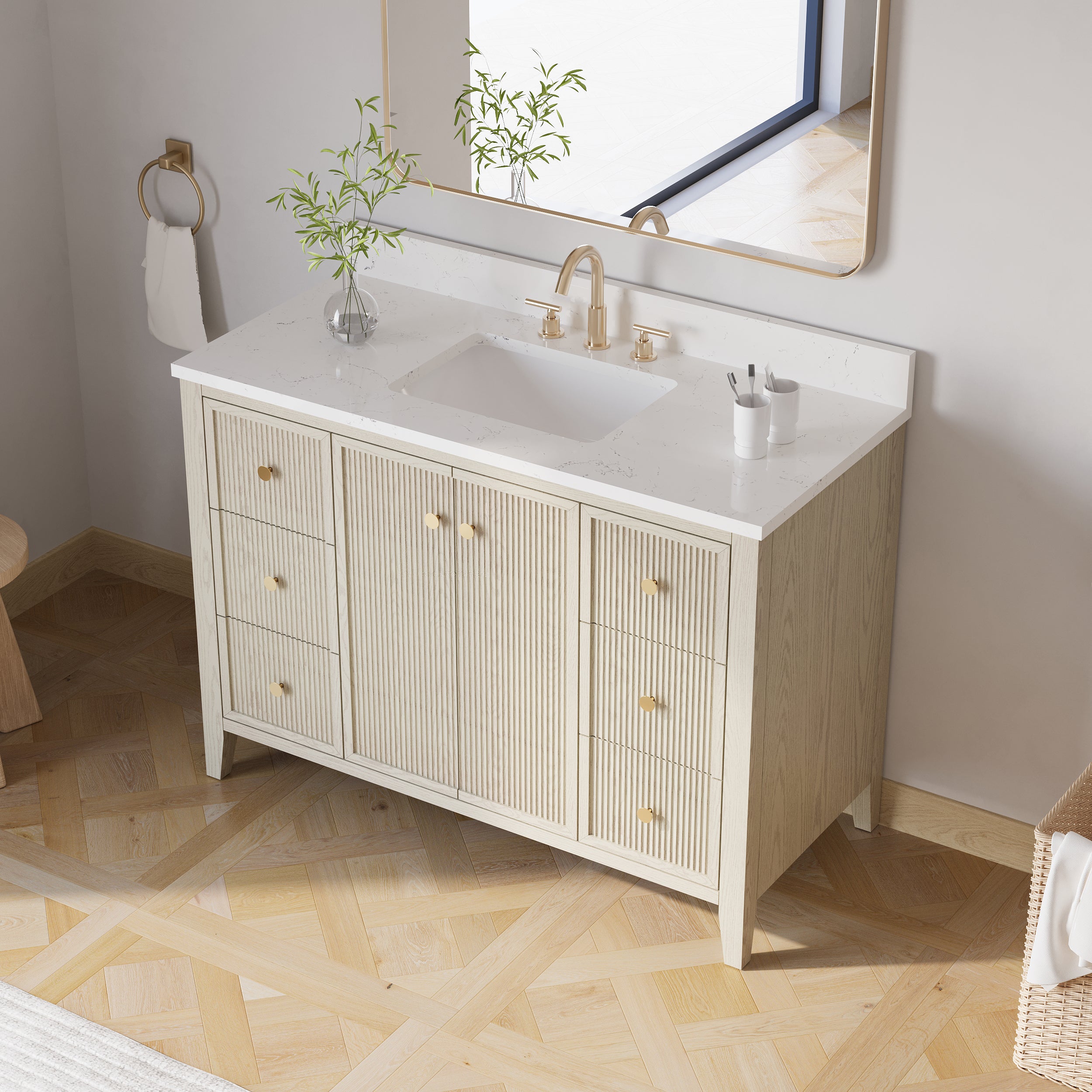 48" ASH Bathroom Vanity with Single Undermount Sink, 6 Dovetail-constructed Drawers, 2 Soft-Closing Doors