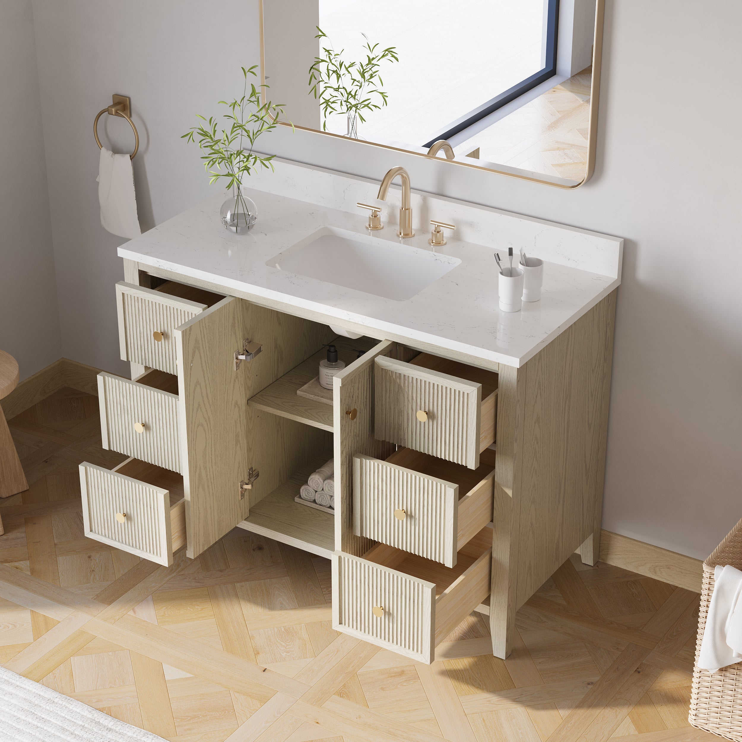 48" ASH Bathroom Vanity with Single Undermount Sink, 6 Dovetail-constructed Drawers, 2 Soft-Closing Doors