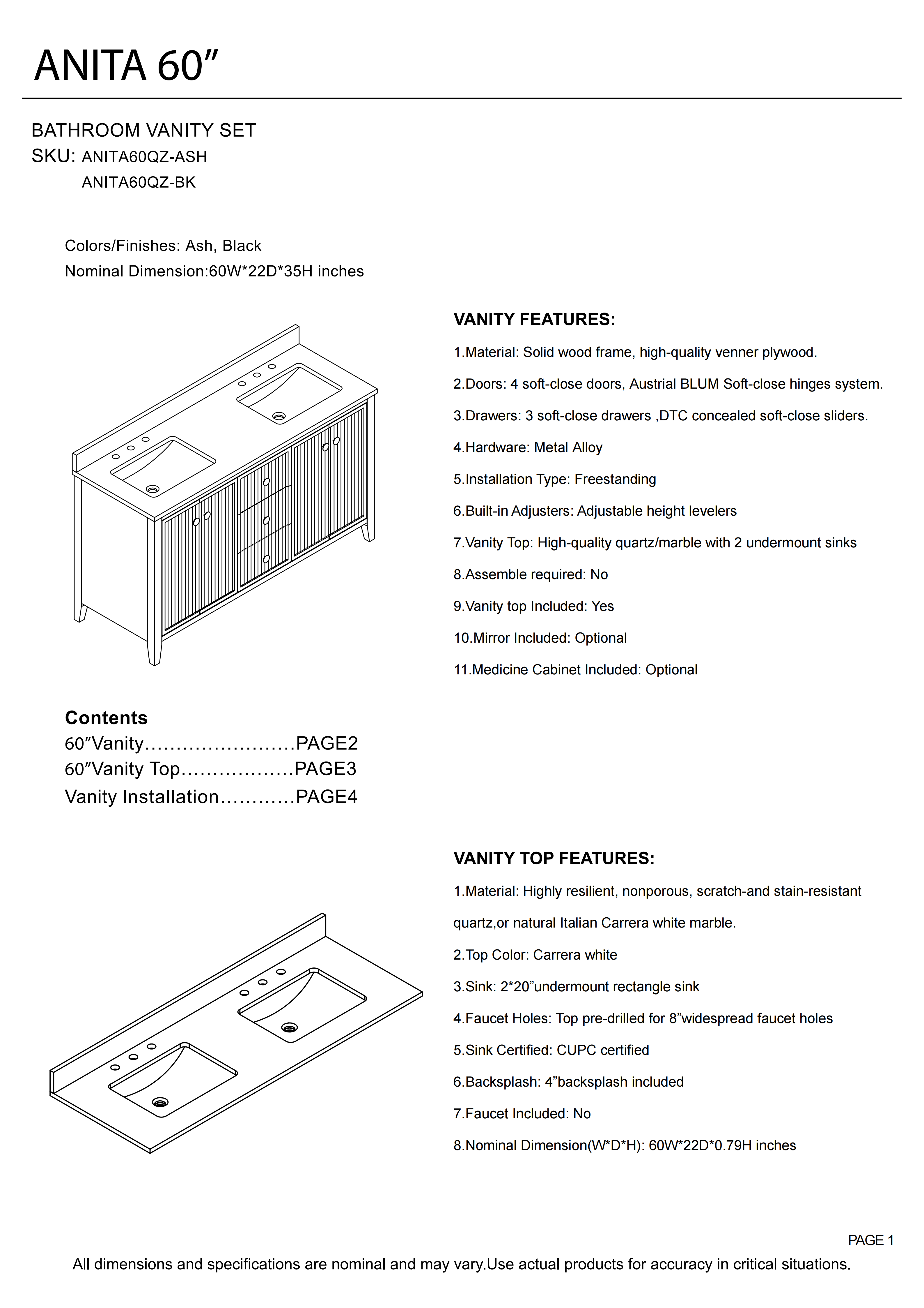 60" ASH Bathroom Vanity with Double Undermount Sinks, 3 Dovetail-constructed Drawers, 4 Soft-Closing Doors