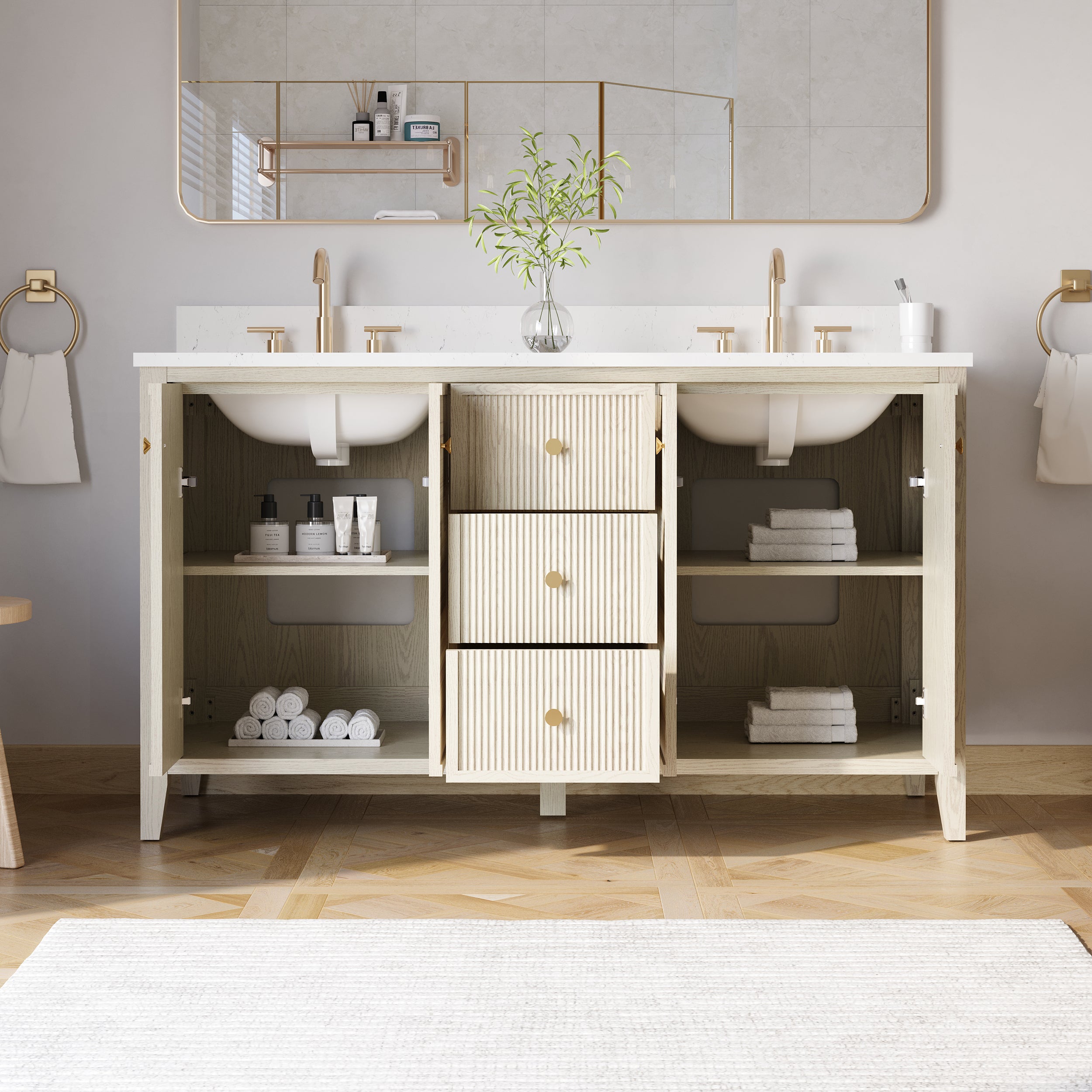 60" ASH Bathroom Vanity with Double Undermount Sinks, 3 Dovetail-constructed Drawers, 4 Soft-Closing Doors