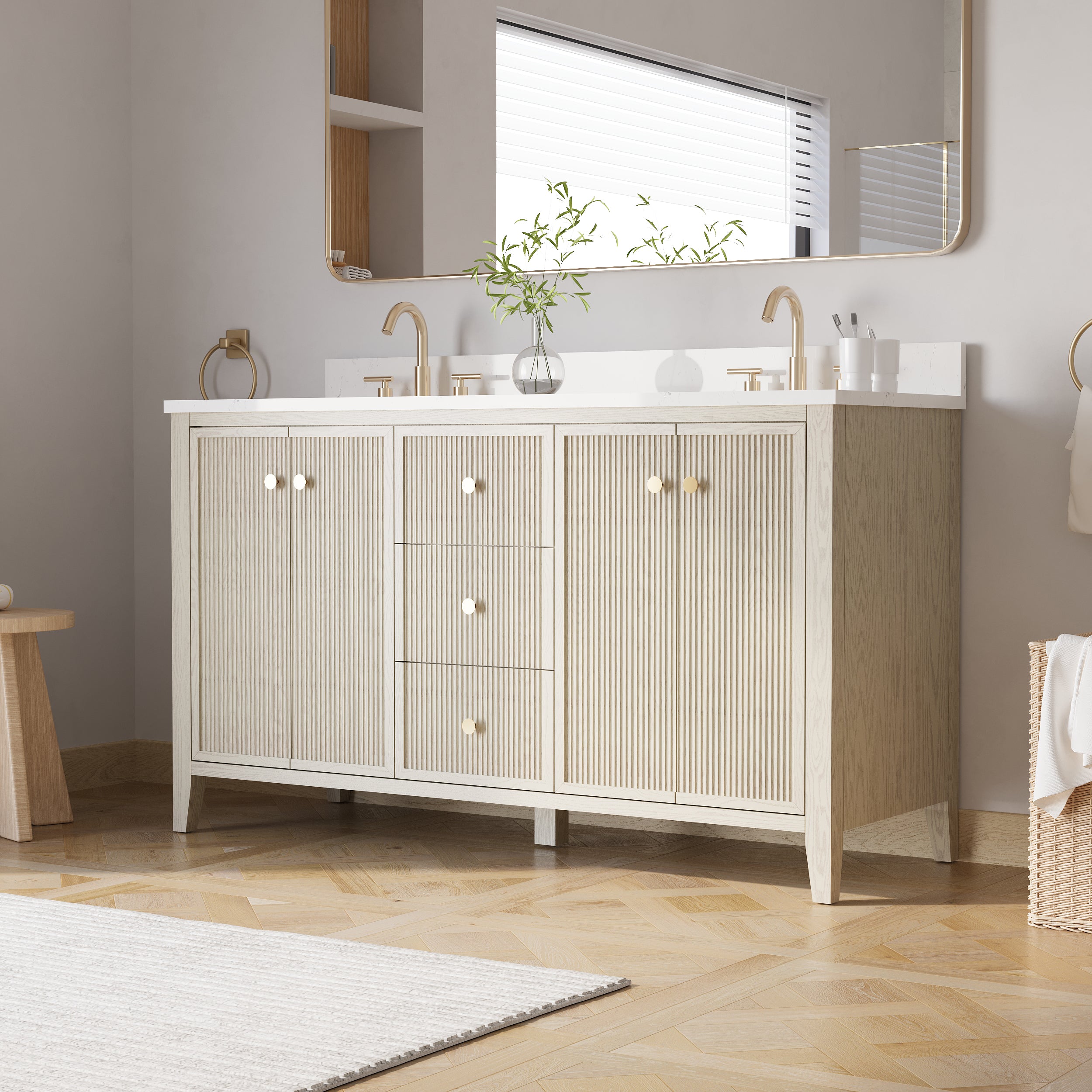 60" ASH Bathroom Vanity with Double Undermount Sinks, 3 Dovetail-constructed Drawers, 4 Soft-Closing Doors