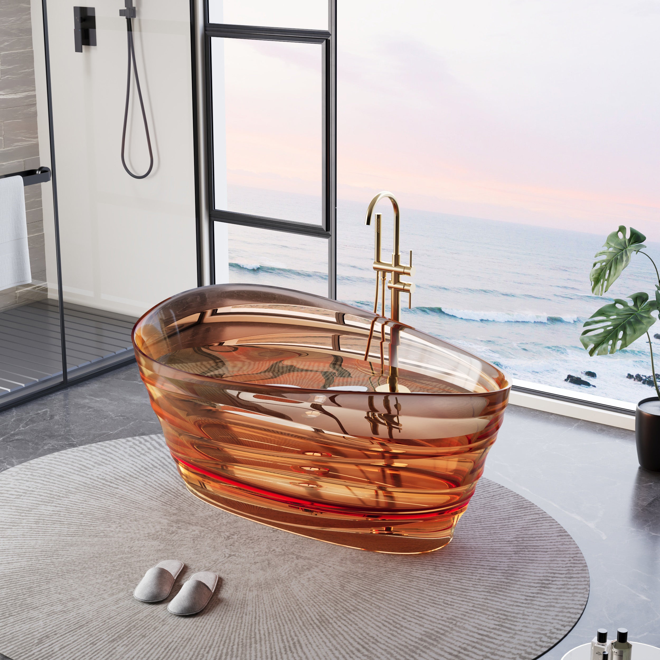 62" Pure Resin Transparent Freestanding Bathtub with Drain, Transparent Champagne