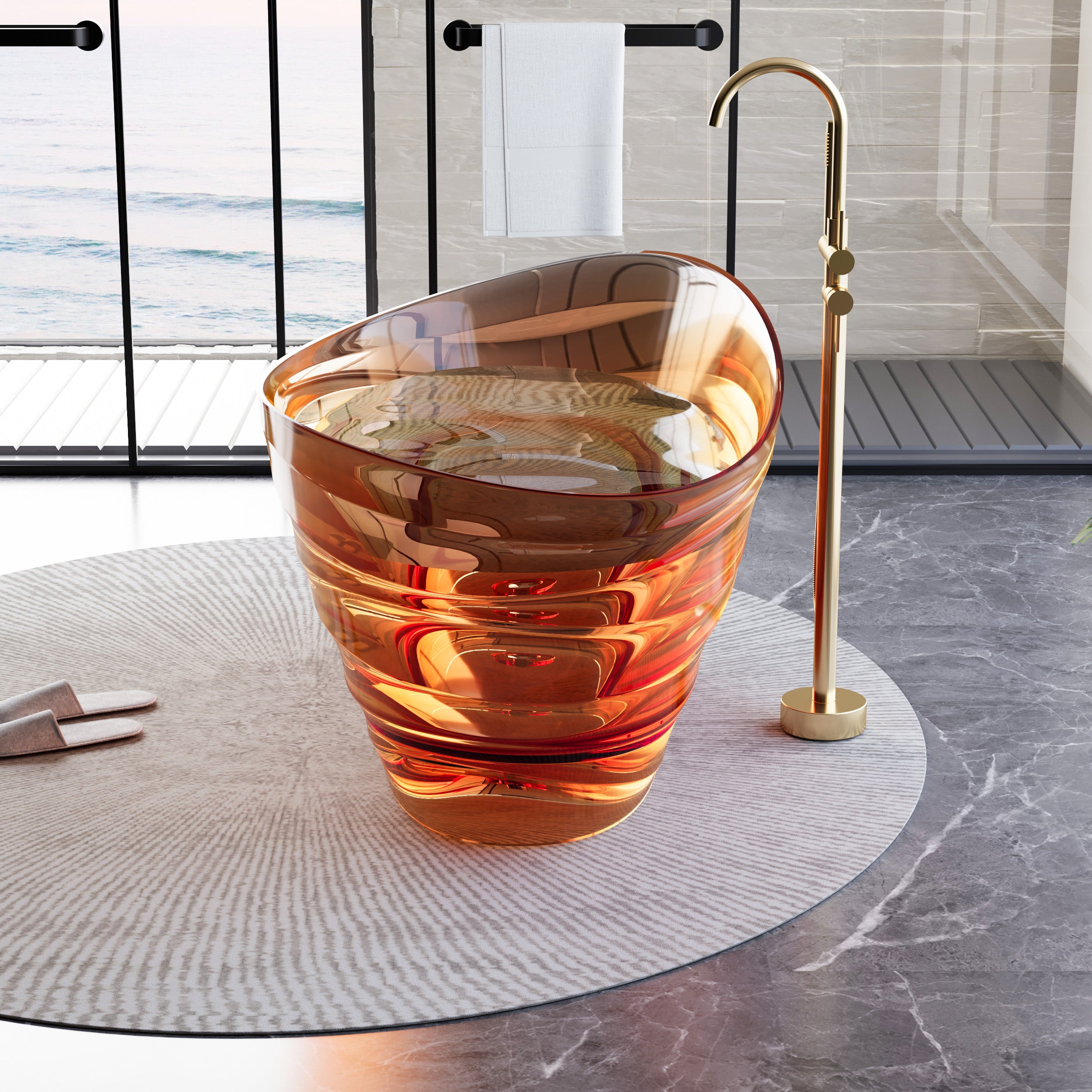 62" Pure Resin Transparent Freestanding Bathtub with Drain, Transparent Champagne