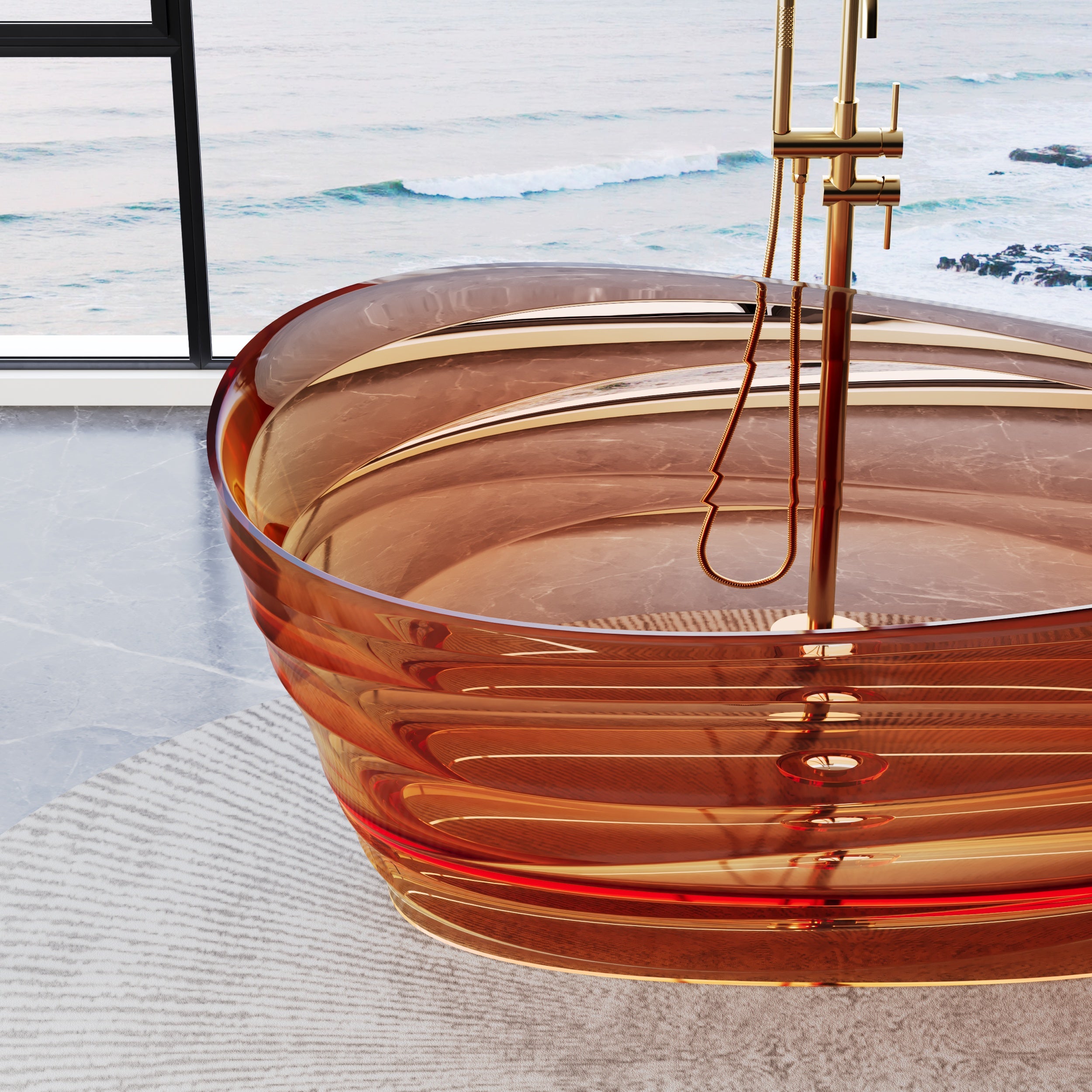 62" Pure Resin Transparent Freestanding Bathtub with Drain, Transparent Champagne