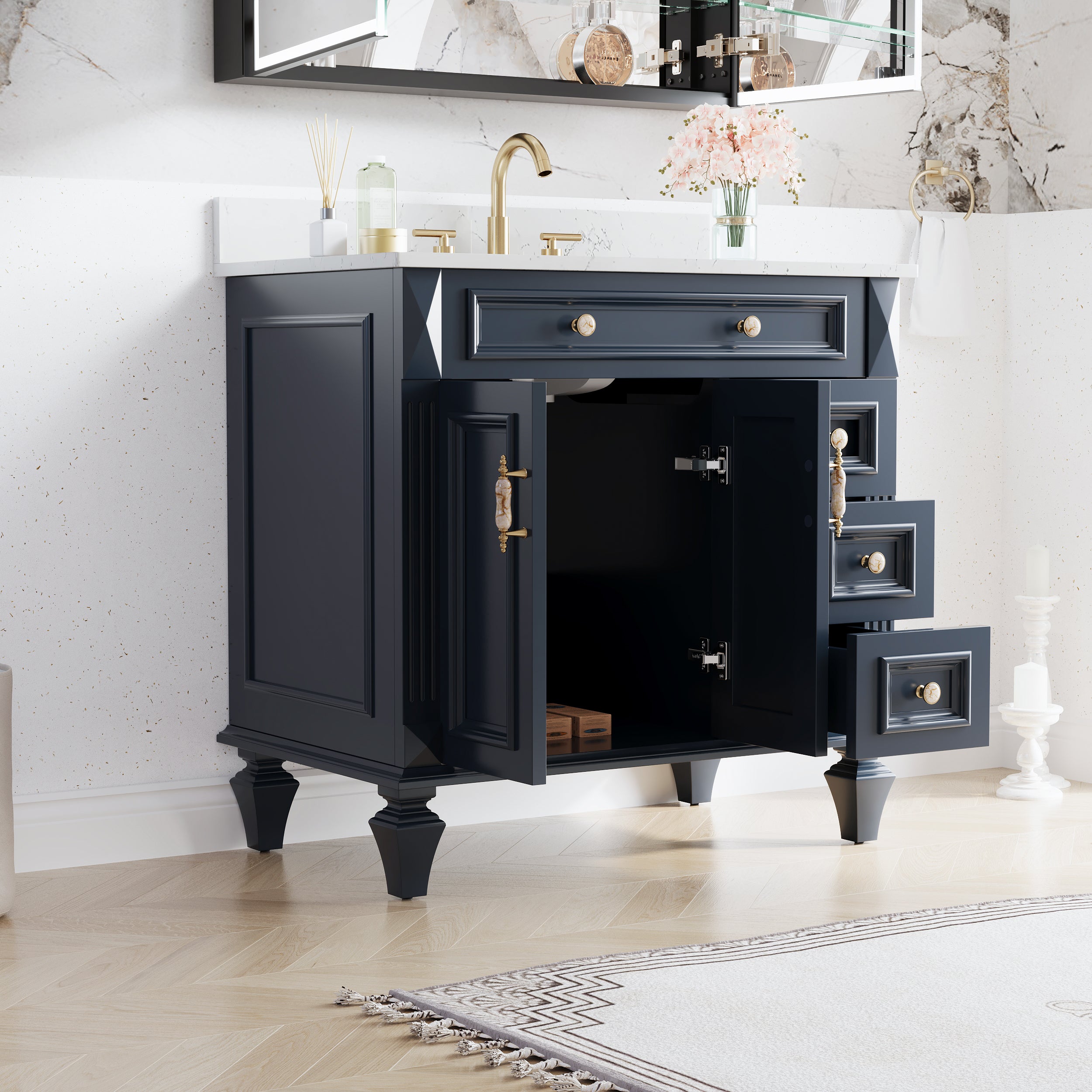 36" Navy Blue Solid Wood Bathroom Vanity & 36" LED Mirror Medicine Cabinet Combo