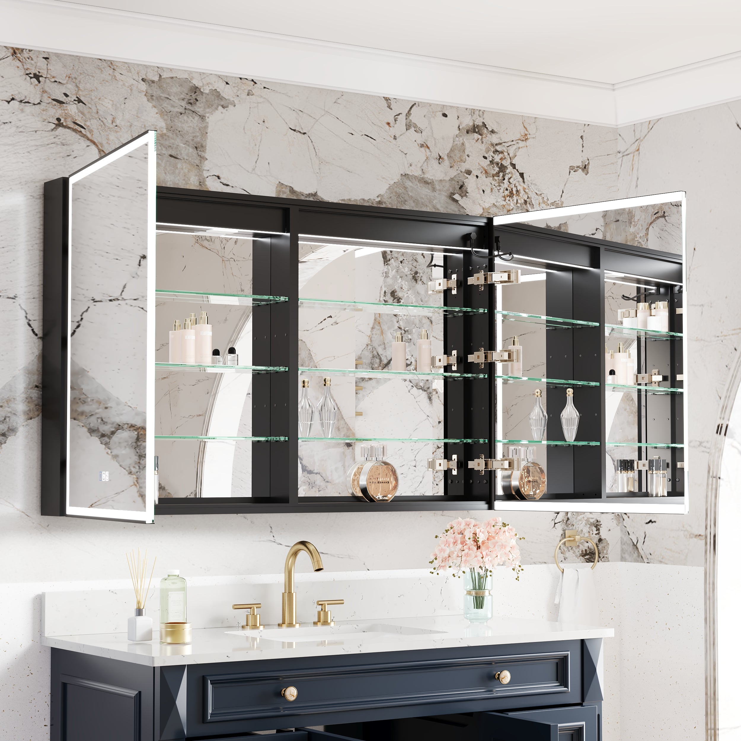 48" Navy Blue Solid Wood Bathroom Vanity & 48" LED Mirror Medicine Cabinet Combo