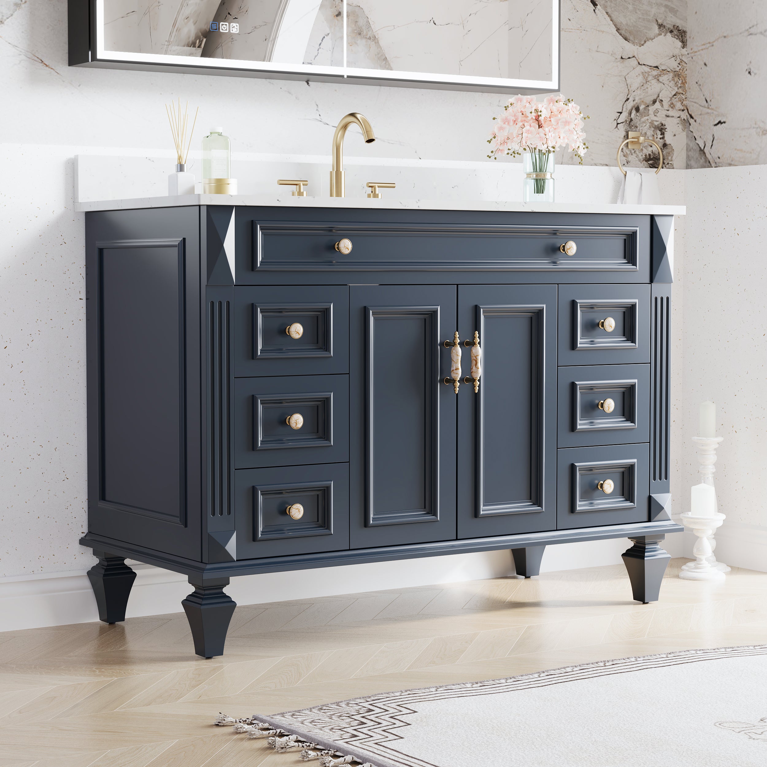 48" Navy Blue Solid Wood Bathroom Vanity & 48" LED Mirror Medicine Cabinet Combo