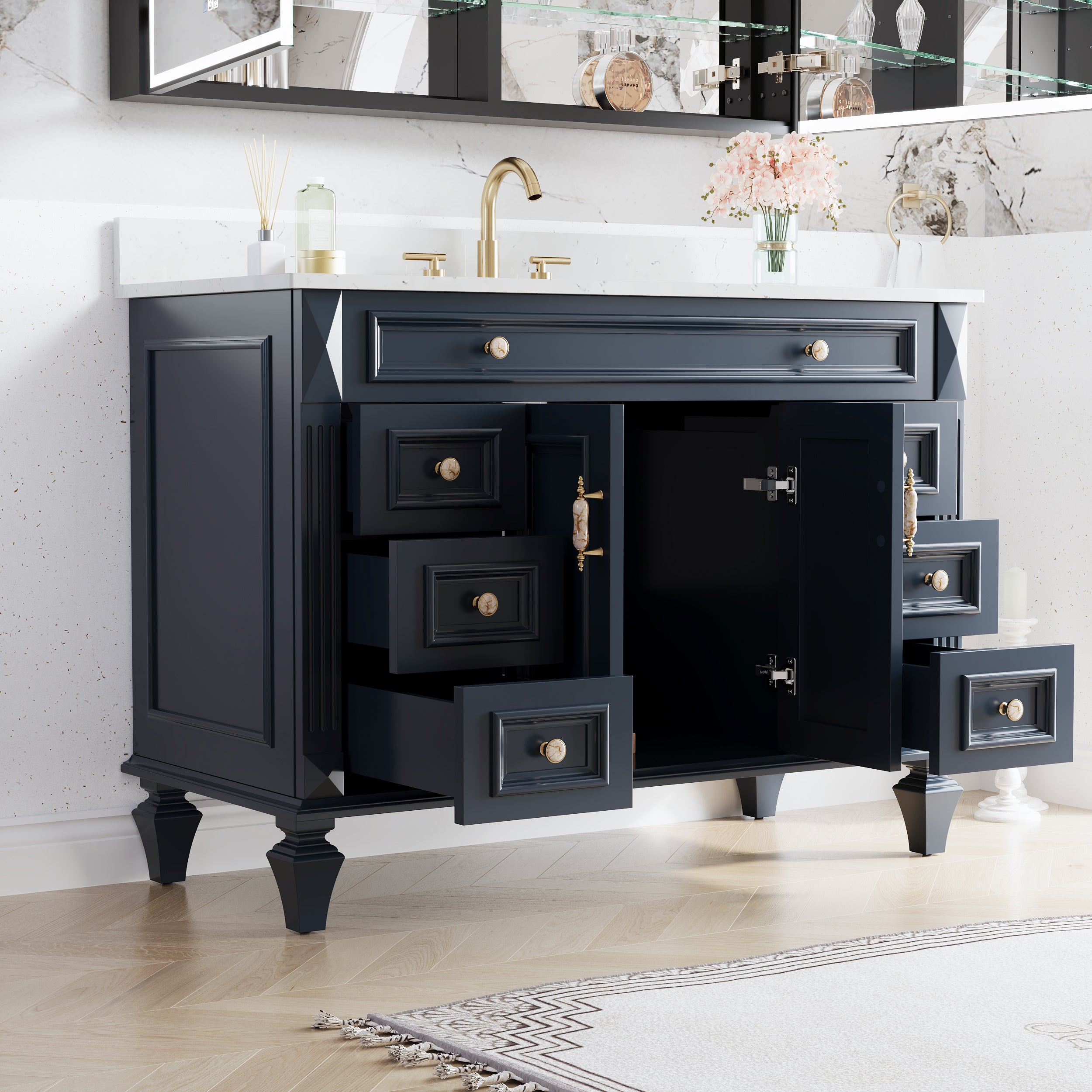48" Navy Blue Solid Wood Bathroom Vanity & 48" LED Mirror Medicine Cabinet Combo