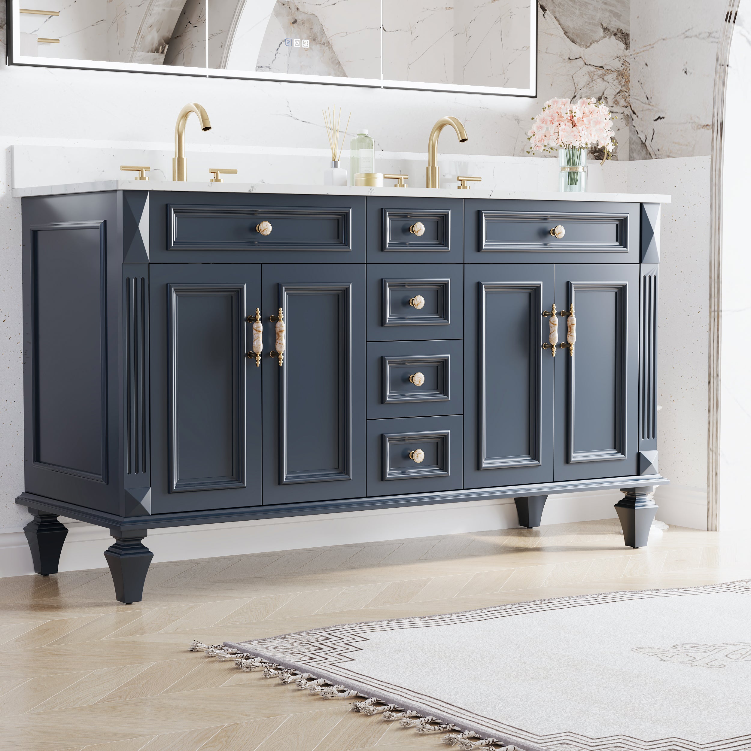 60" Navy Blue Solid Wood Bathroom Vanity & 60" LED Mirror Medicine Cabinet Combo