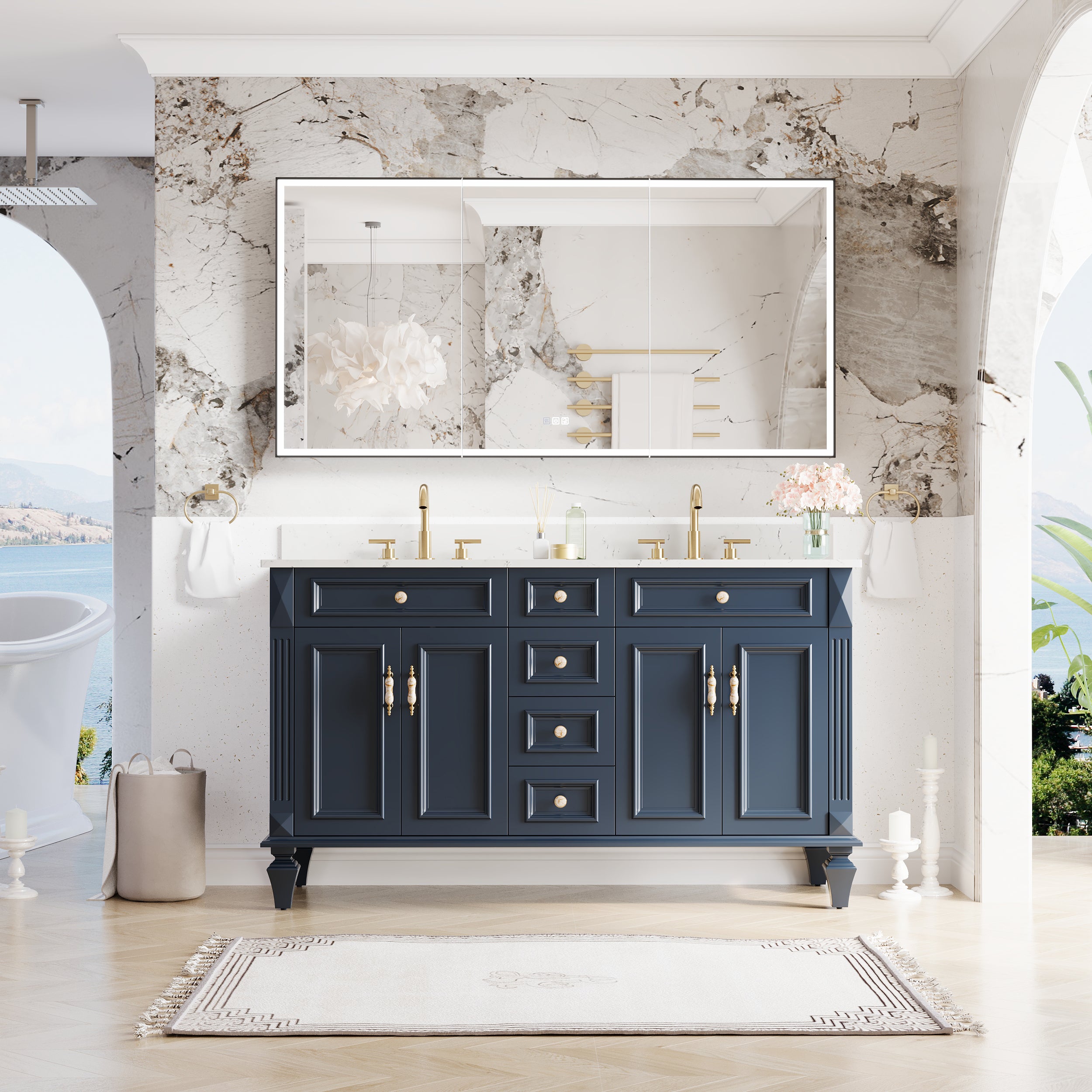 60" Navy Blue Solid Wood Bathroom Vanity & 60" LED Mirror Medicine Cabinet Combo