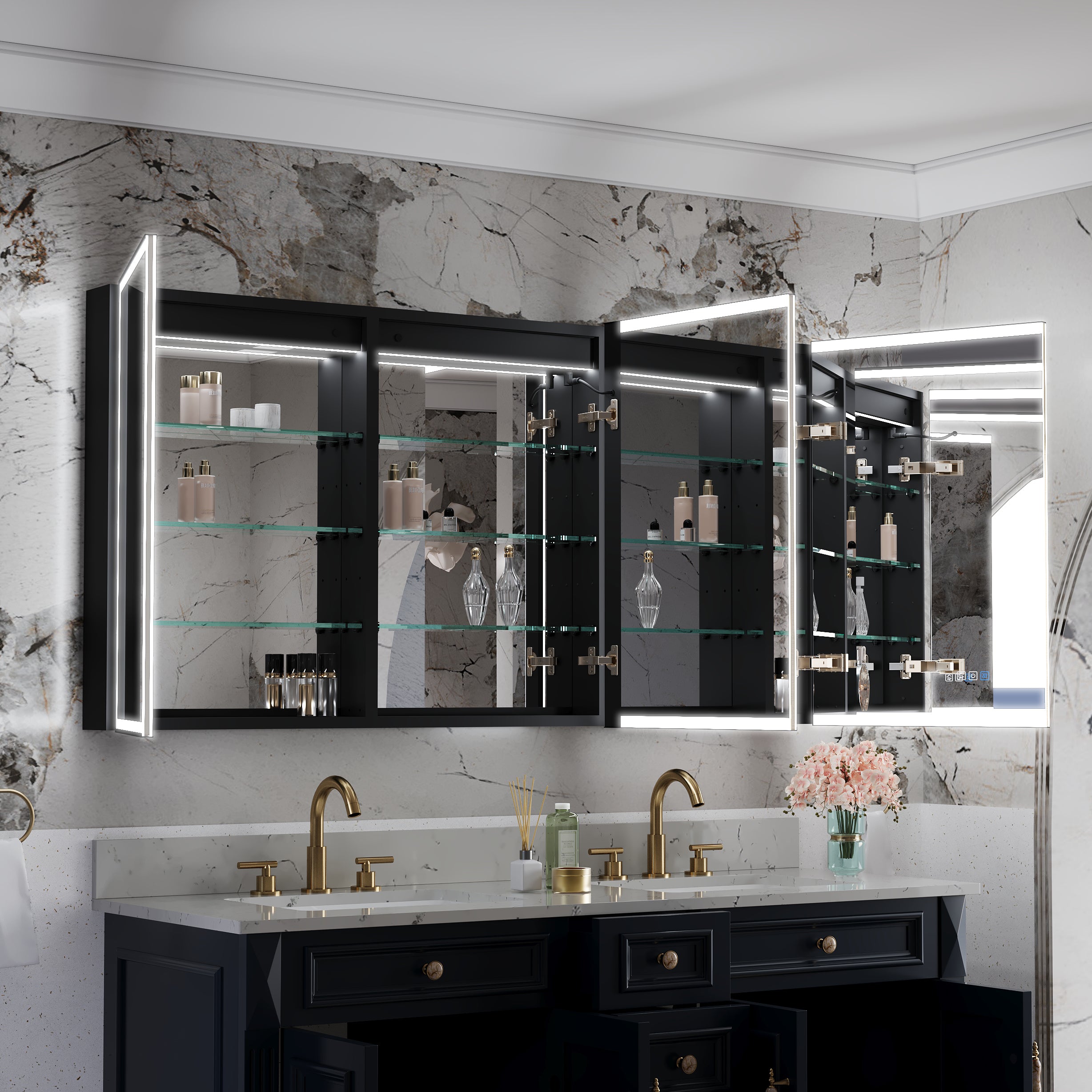 60" Navy Blue Solid Wood Bathroom Vanity & 60" LED Mirror Medicine Cabinet Combo