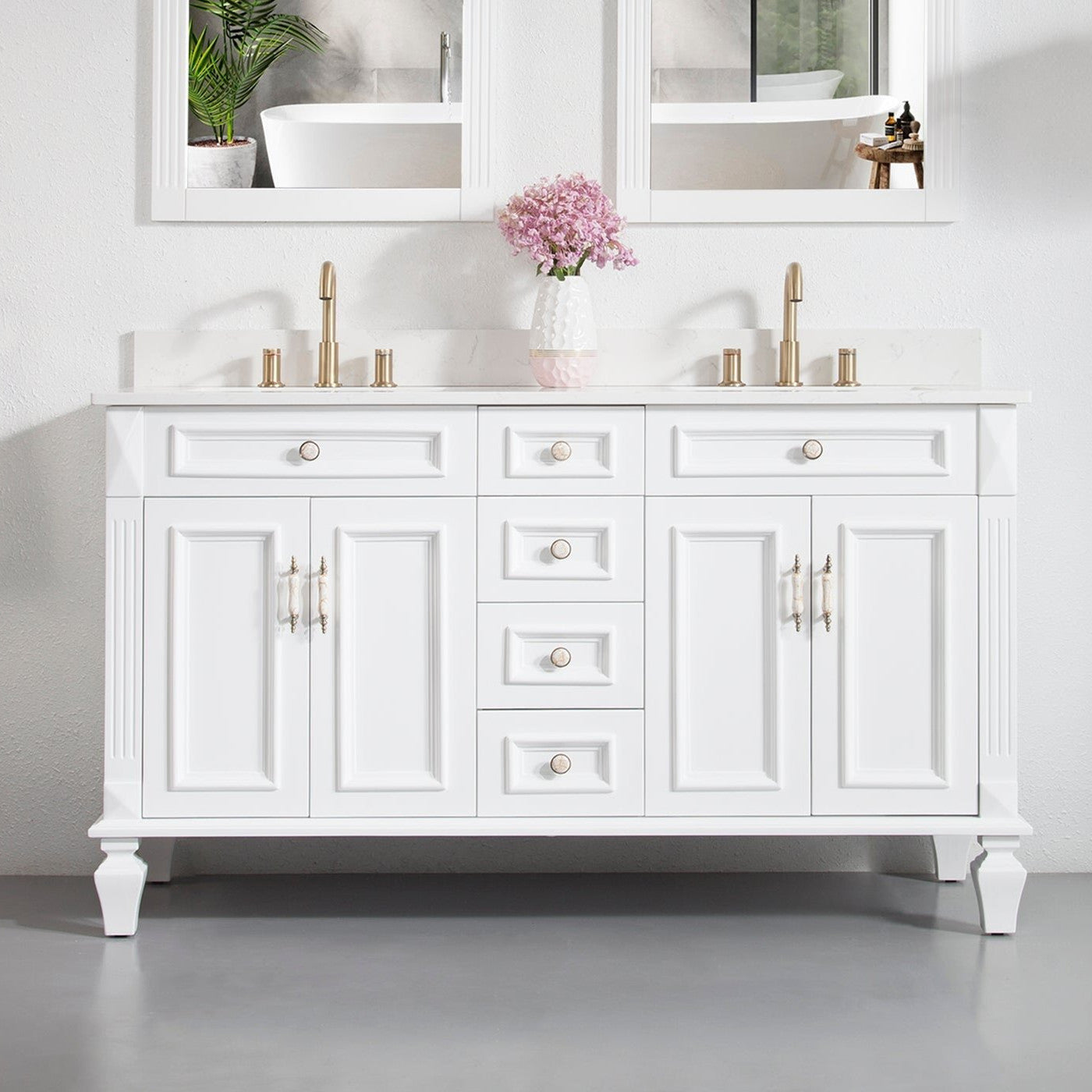 60 in. White Freestanding Solid Wood Bathroom Vanity Storage Organizer with Carrara White Quartz Countertop