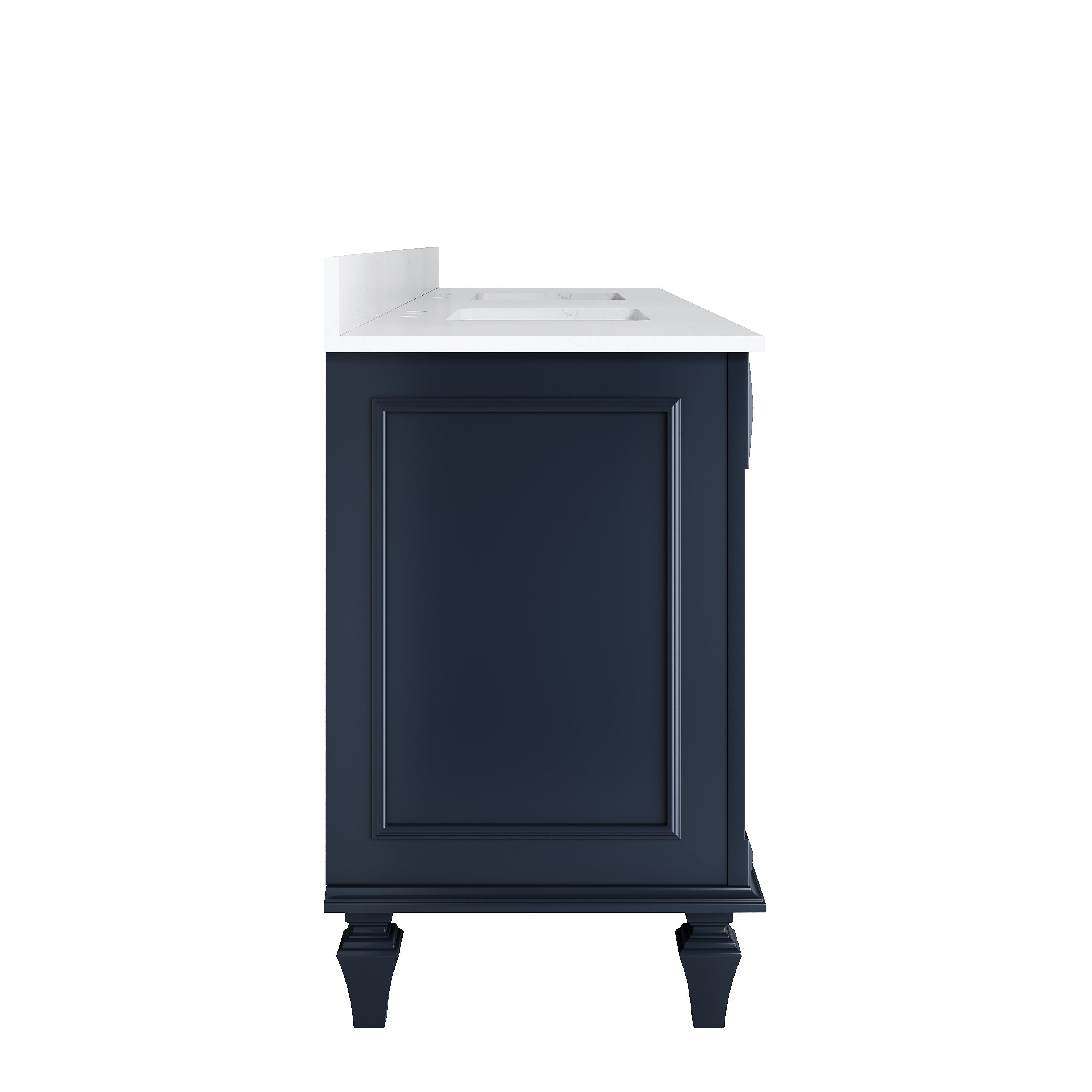 84 in. Freestanding Solid Wood Bathroom Vanity with Carrara White Quartz Countertop, Navy Blue