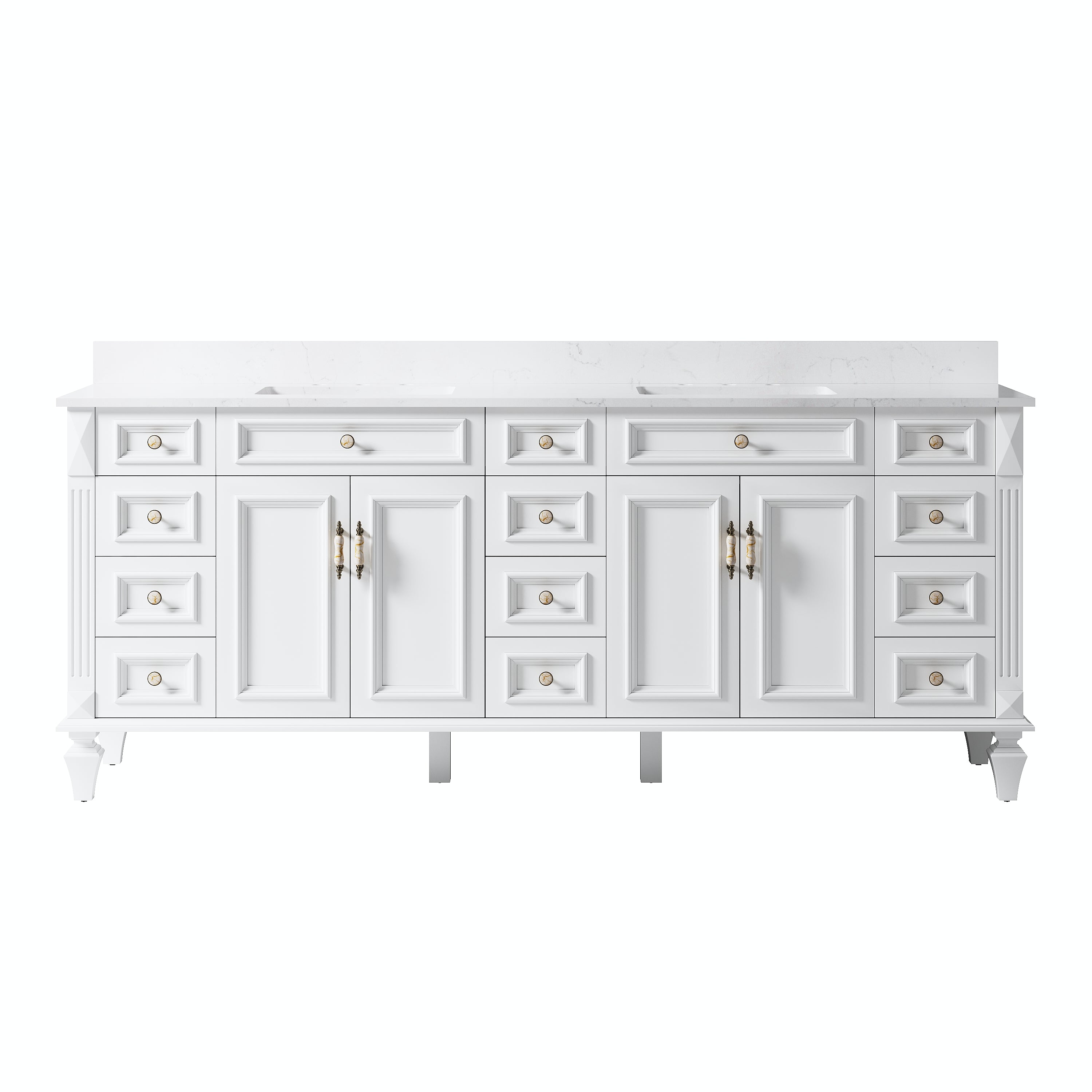 84 in. Freestanding Solid Wood Bathroom Vanity with Carrara White Quartz Countertop, White