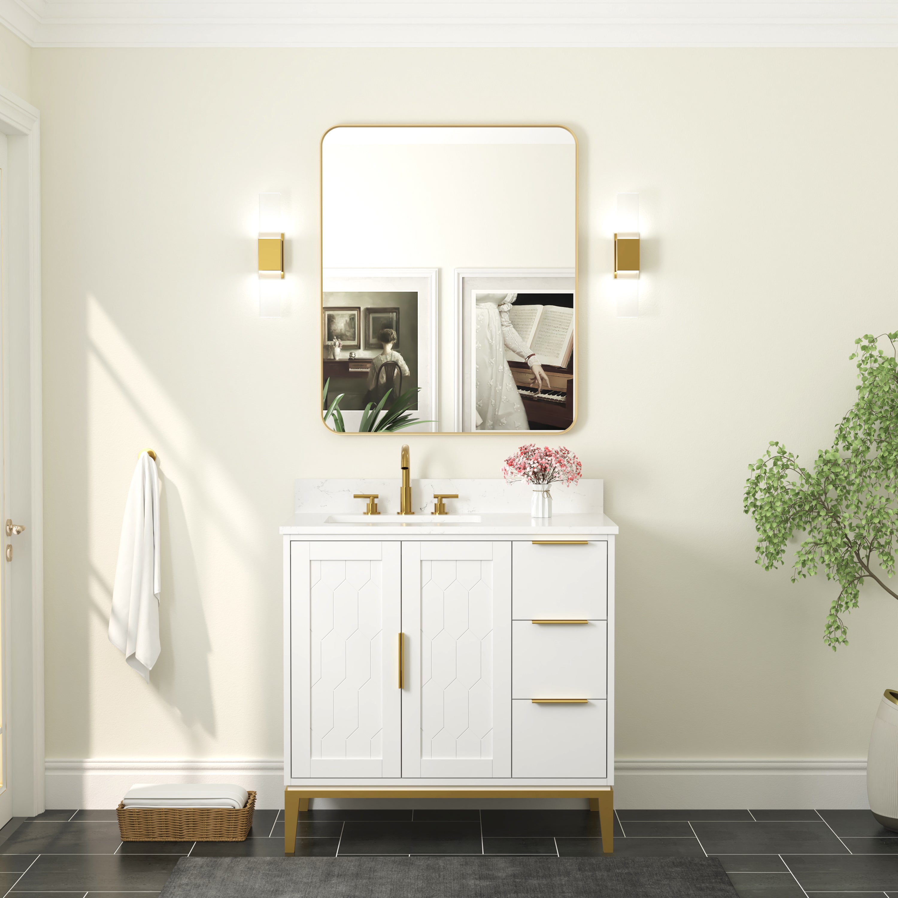 30-in W x 36-in H Rectangular Framed Bathroom Vanity Mirror in Brushed Gold