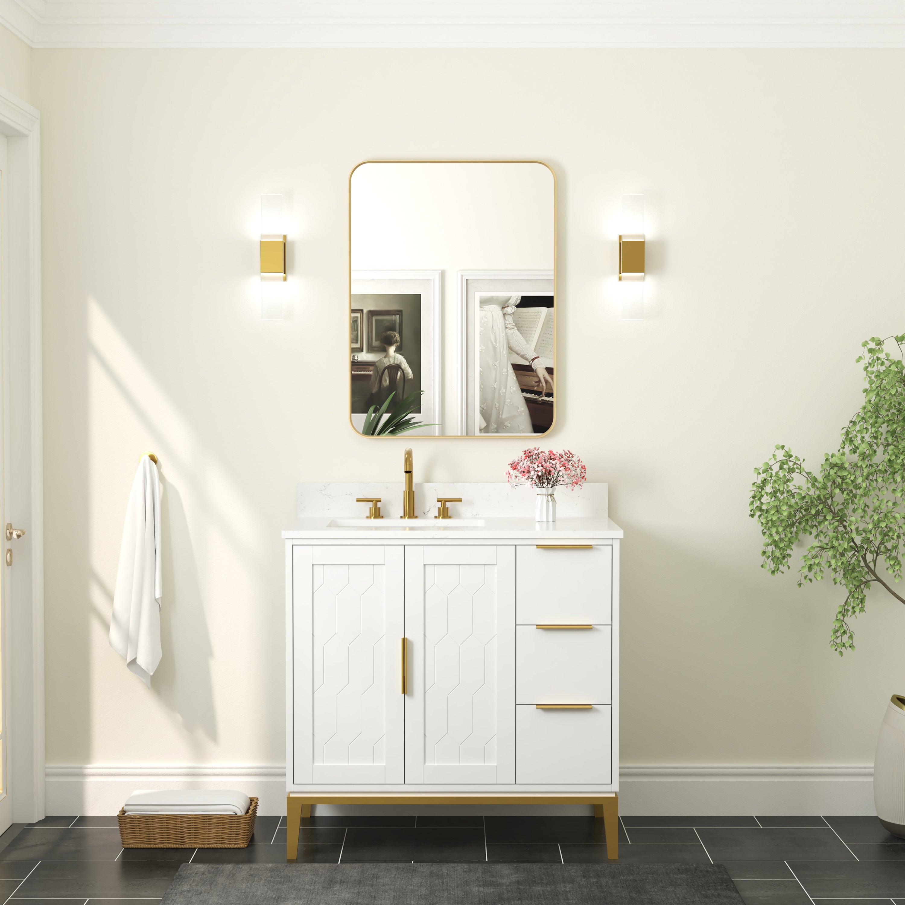 24-in W x 36-in H Rectangular Framed Bathroom Vanity Mirror in Brushed Gold