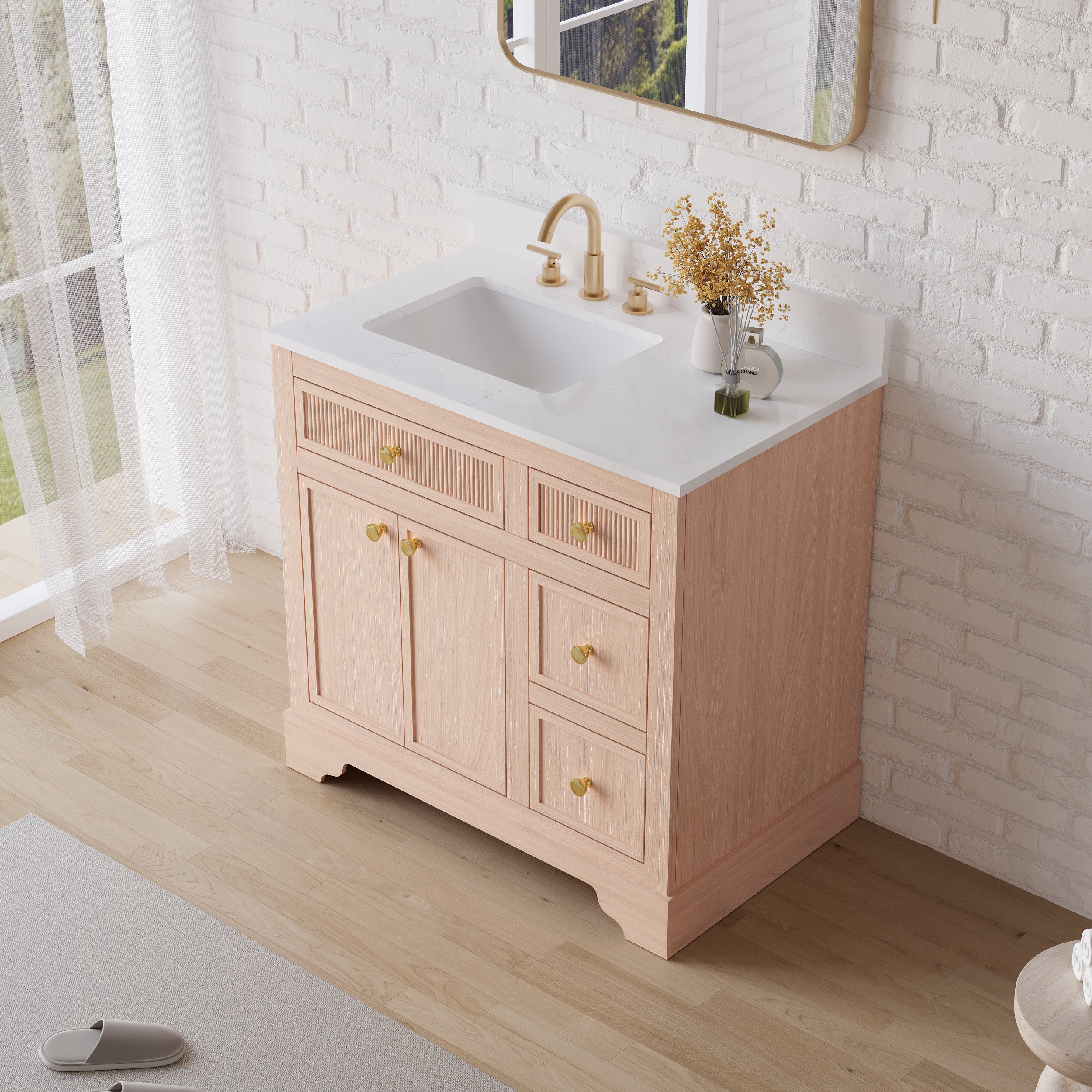 36-Inch Freestanding Bathroom Vanity with Carrera White Top Sink-LIGHT WOOD