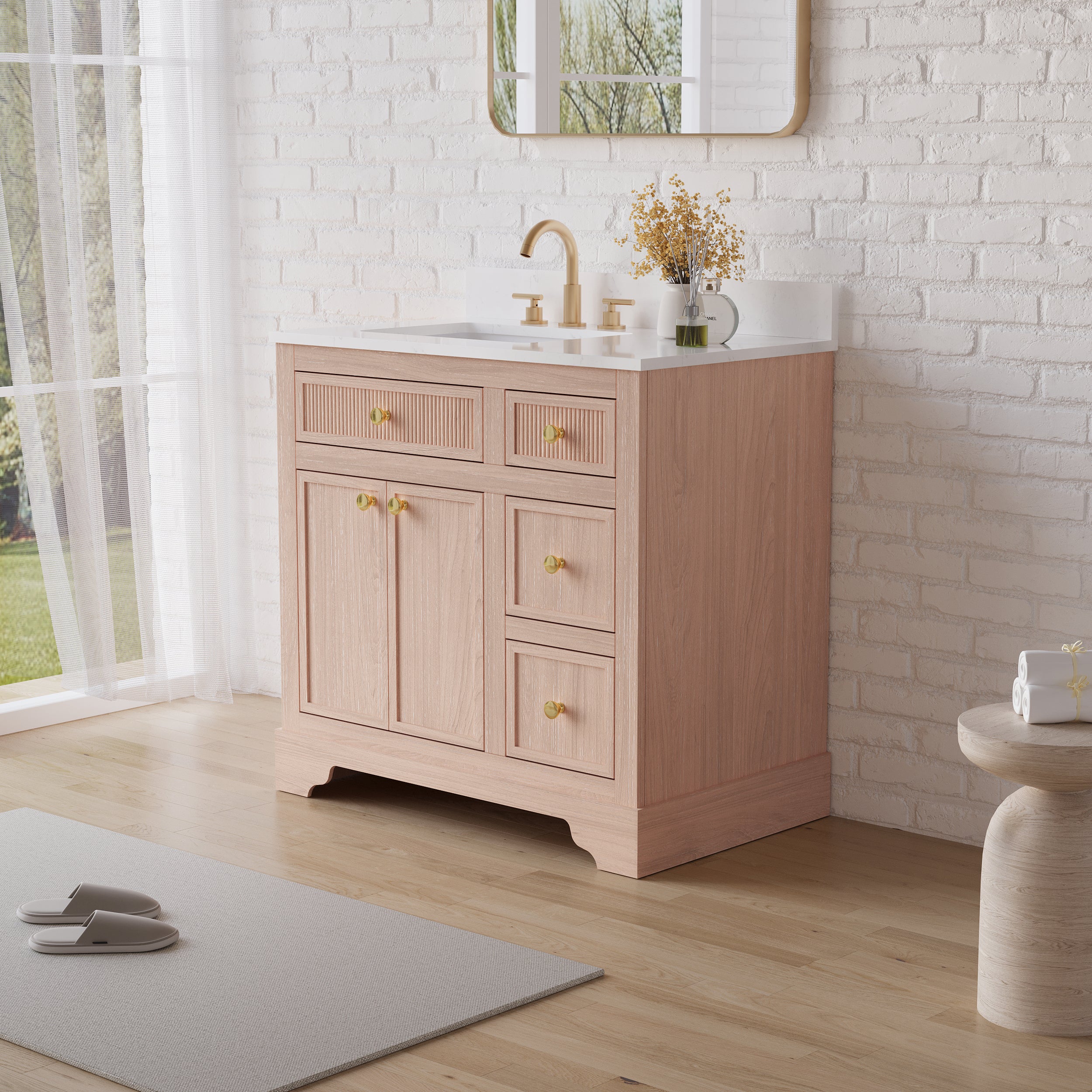 36-Inch Freestanding Bathroom Vanity with Carrera White Top Sink-LIGHT WOOD