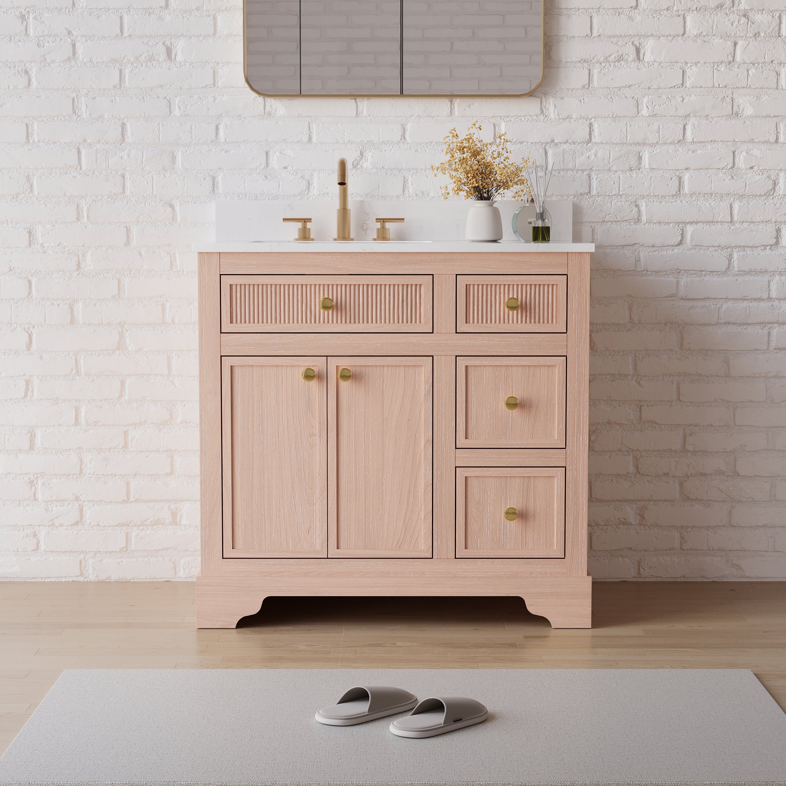 36-Inch Freestanding Bathroom Vanity with Carrera White Top Sink-LIGHT WOOD