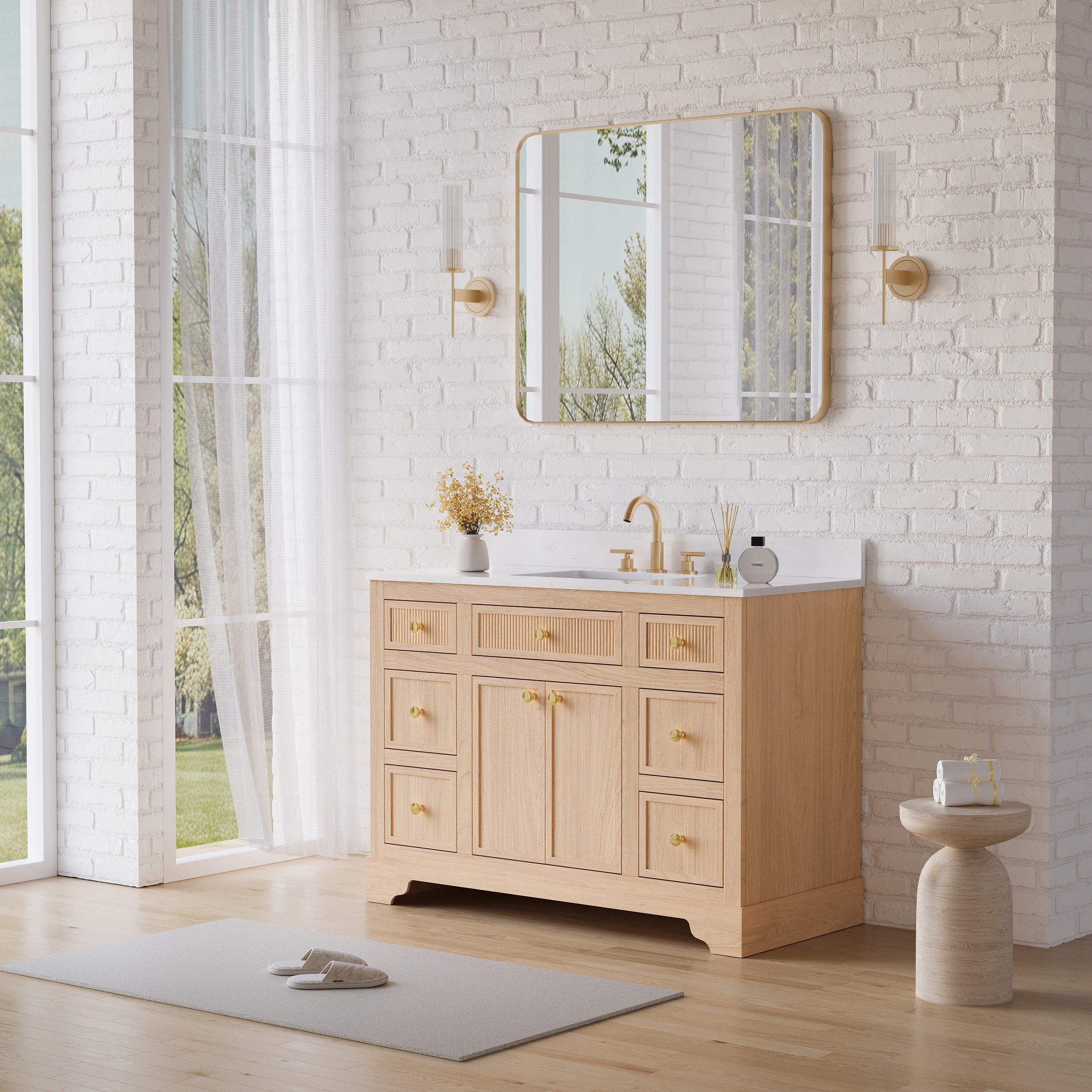 48-Inch Light Wood Freestanding Bathroom Vanity with Carrara White Quartz Top Sink