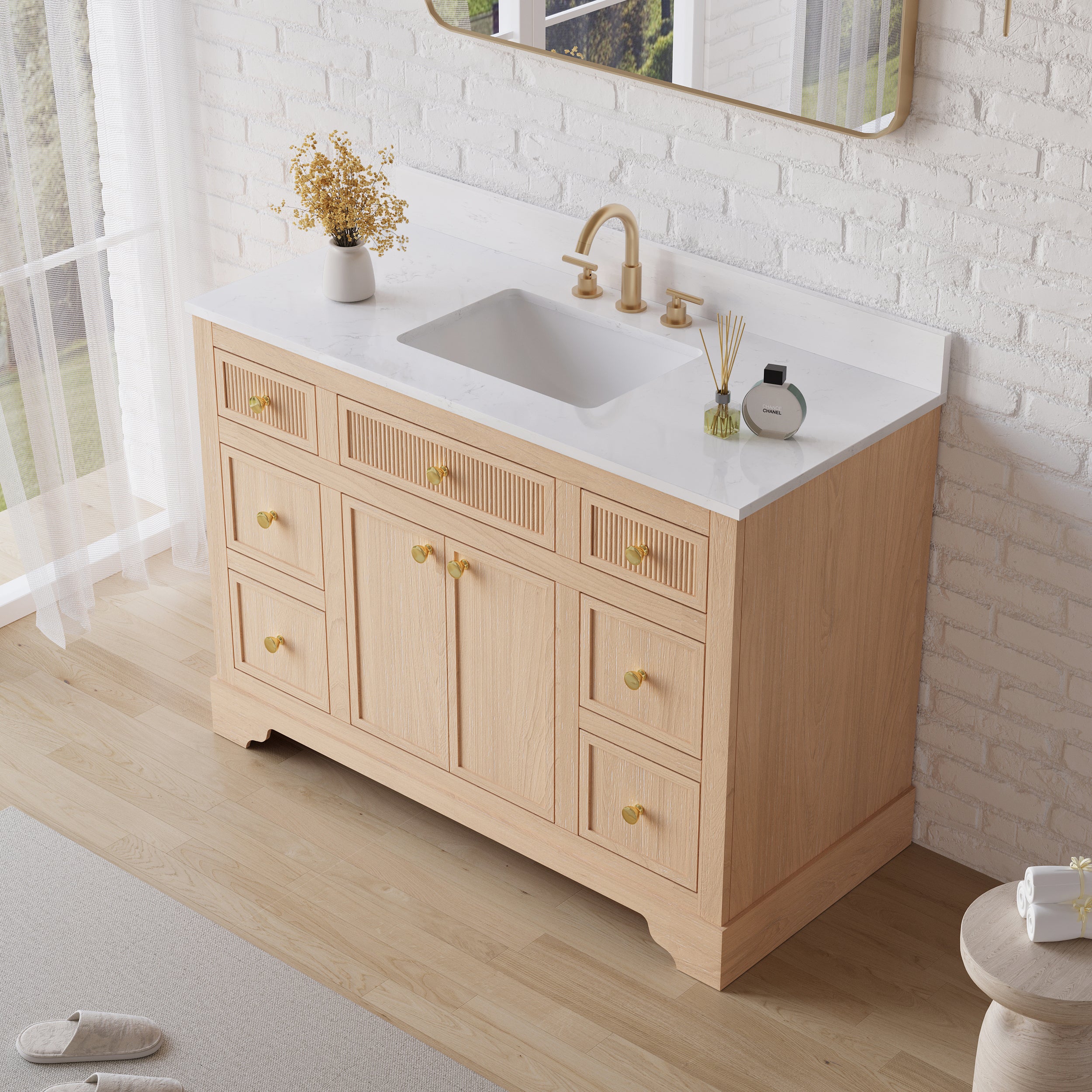 48-Inch Light Wood Freestanding Bathroom Vanity with Carrara White Quartz Top Sink