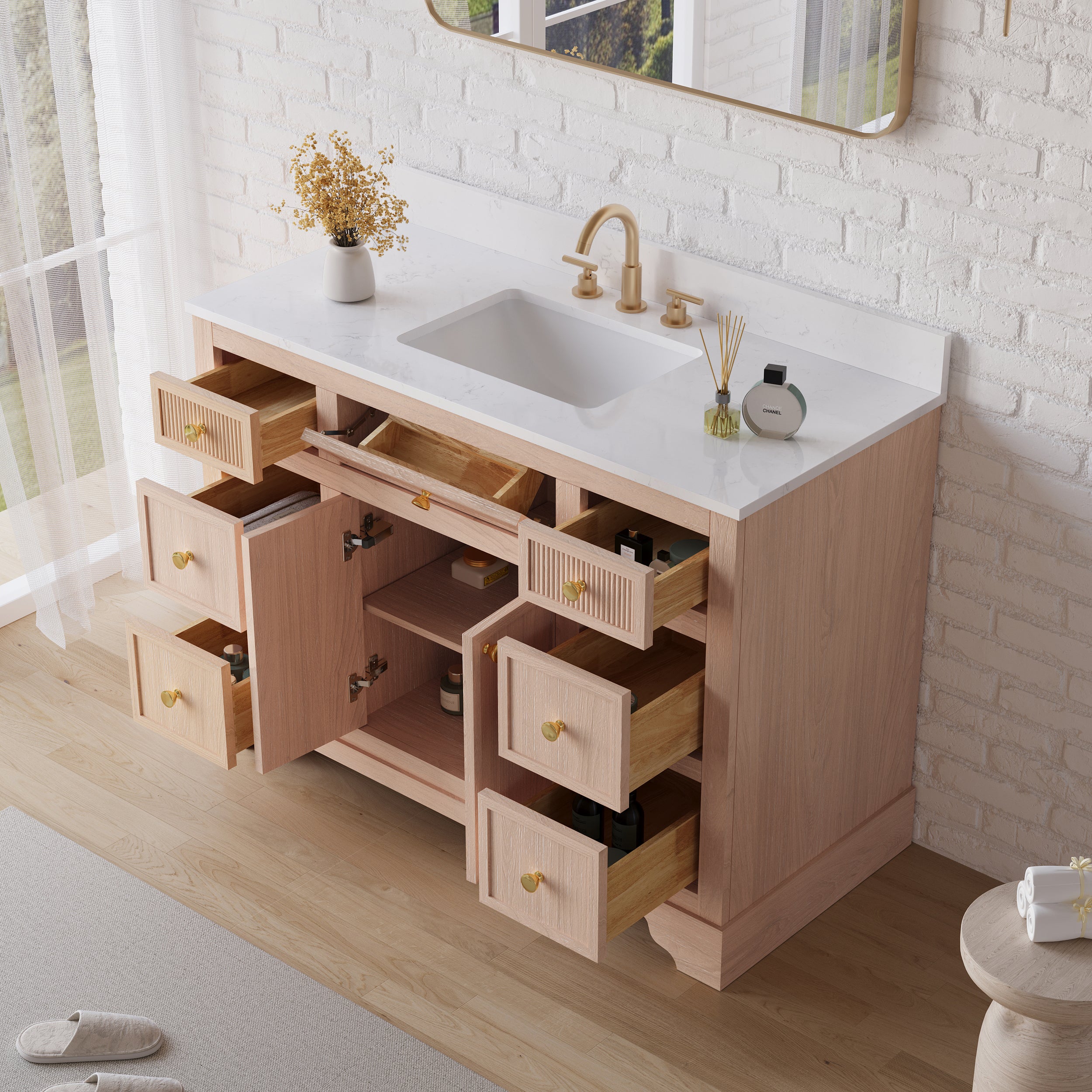 48-Inch Light Wood Freestanding Bathroom Vanity with Carrera White Top Sink
