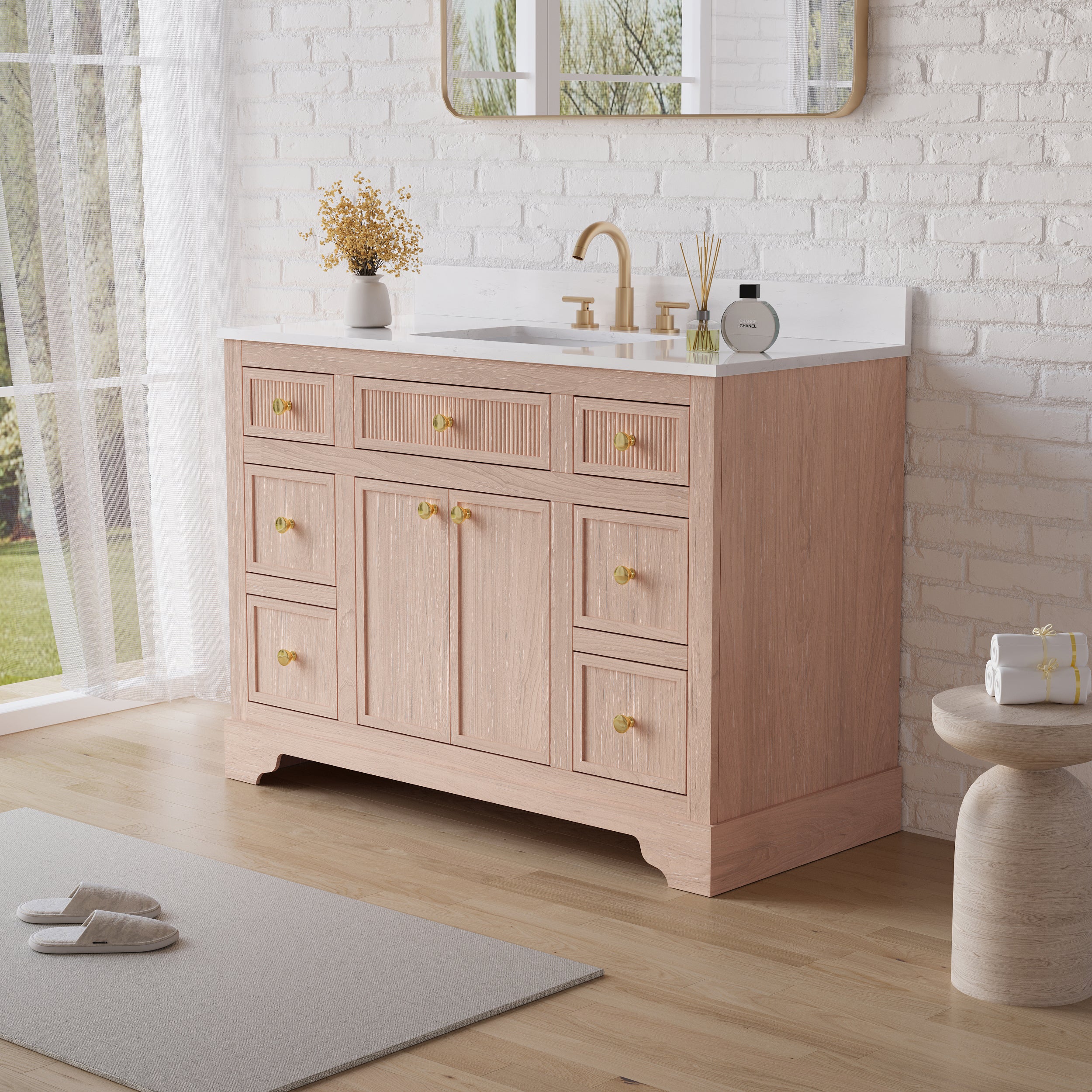 48-Inch Light Wood Freestanding Bathroom Vanity with Carrera White Top Sink