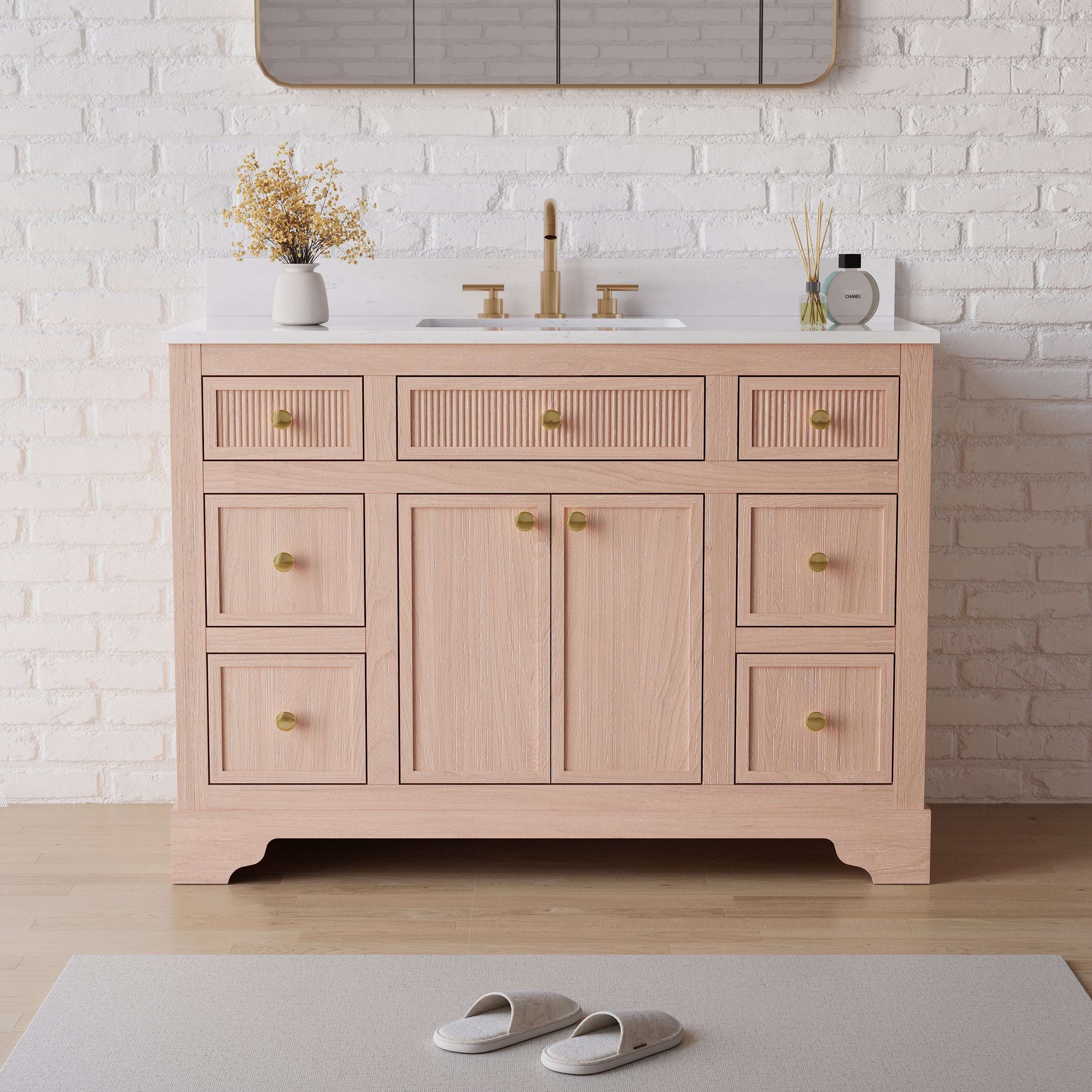 48-Inch Light Wood Freestanding Bathroom Vanity with Carrera White Top Sink