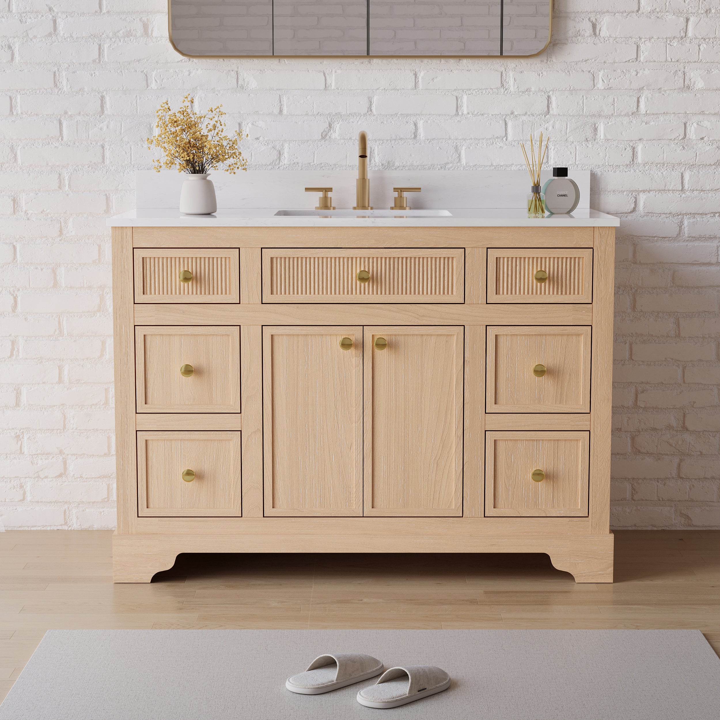 48-Inch Light Wood Freestanding Bathroom Vanity with Carrara White Quartz Top Sink
