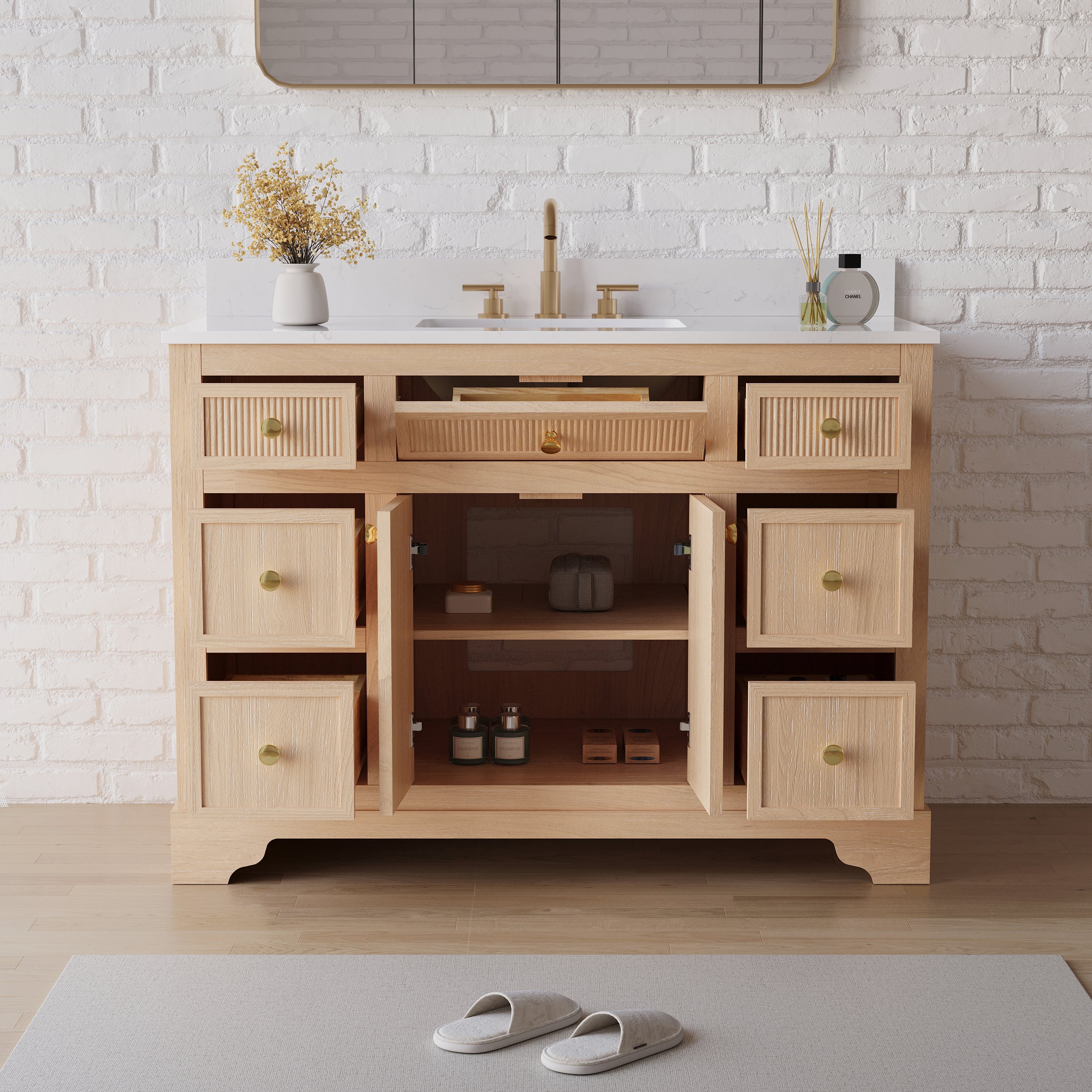 48-Inch Light Wood Freestanding Bathroom Vanity with Carrara White Quartz Top Sink