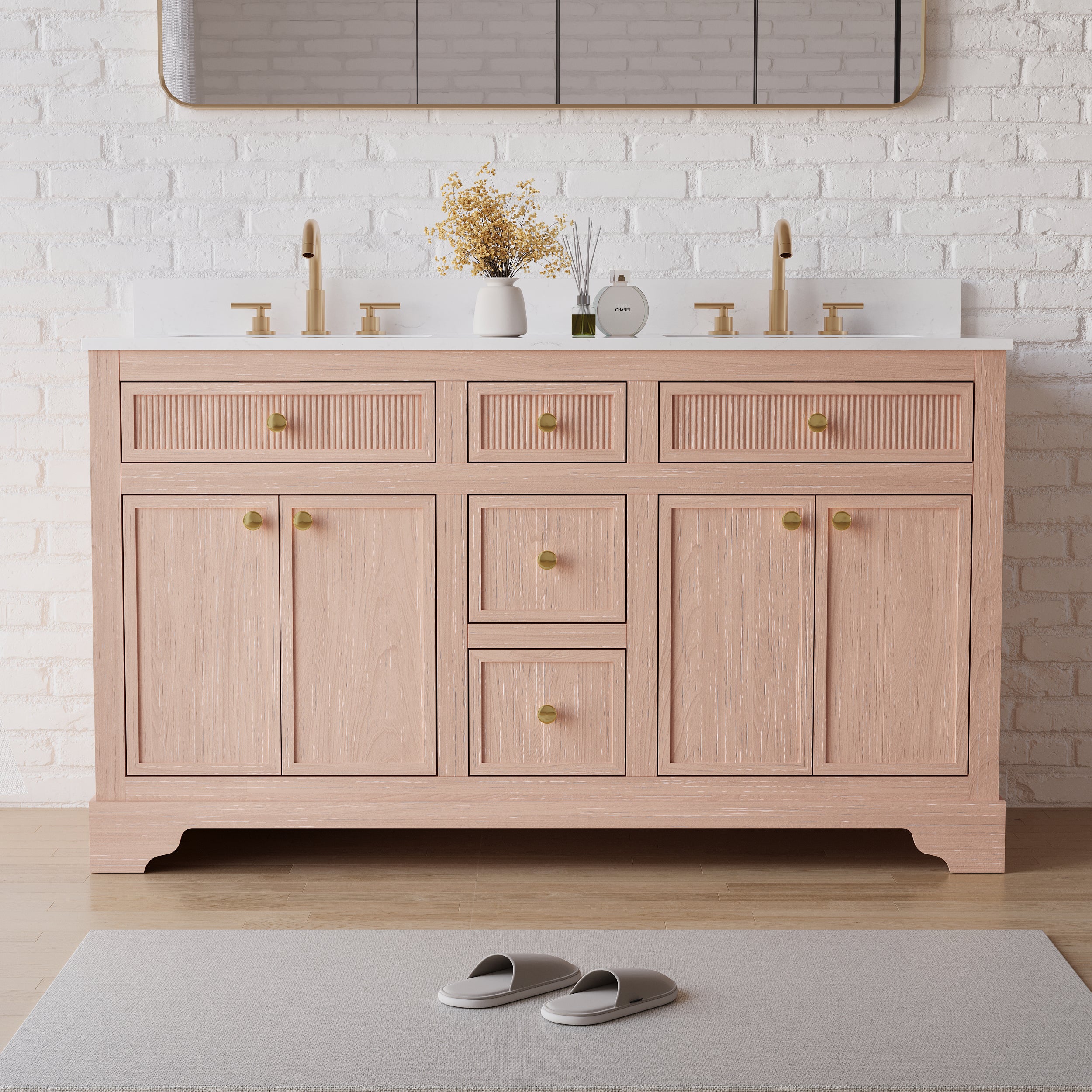 60-Inch Light Wood Freestanding Bathroom Vanity with Carrera White Top Sink