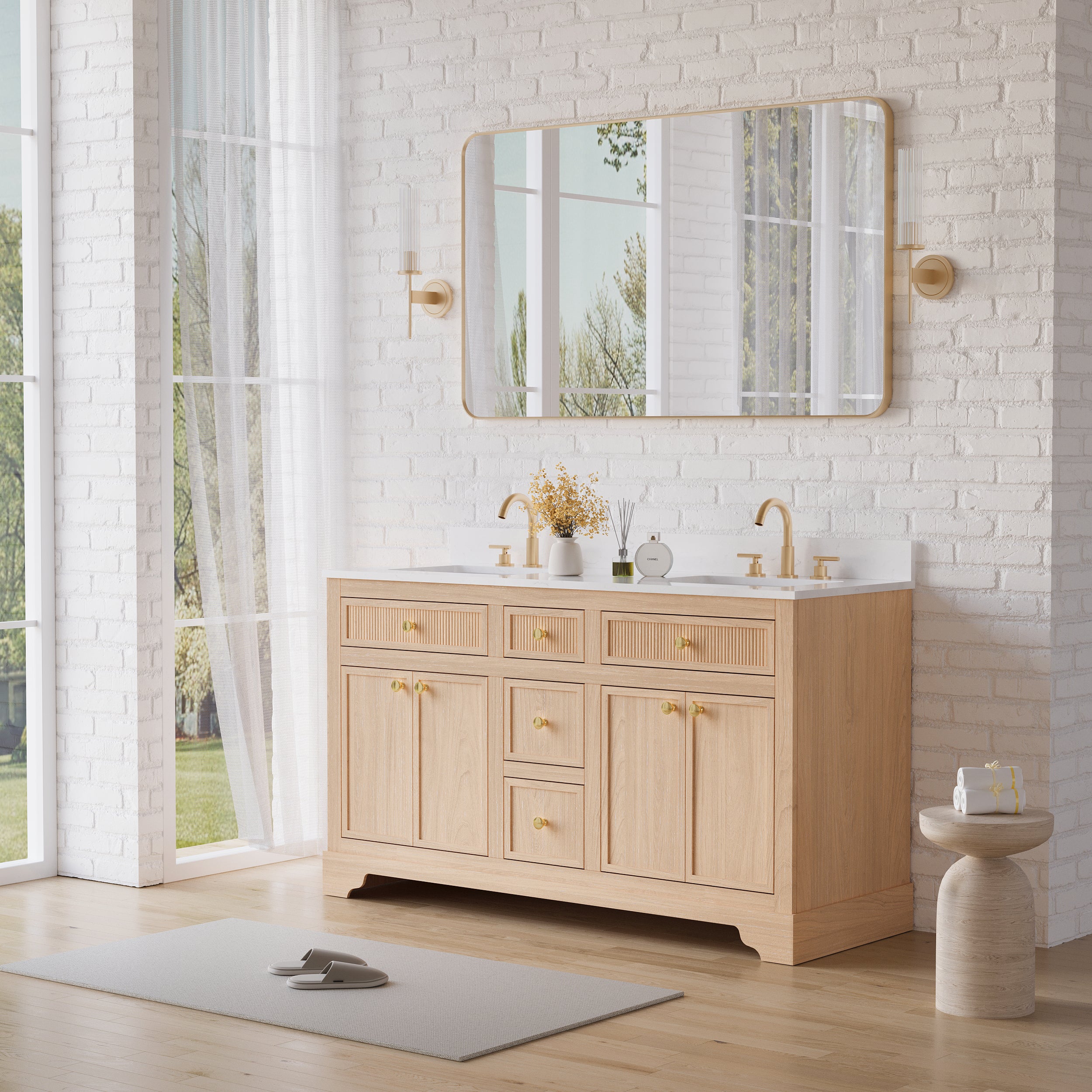 60-Inch Light Wood Freestanding Bathroom Vanity with Carrara White Quartz Top Double Sinks