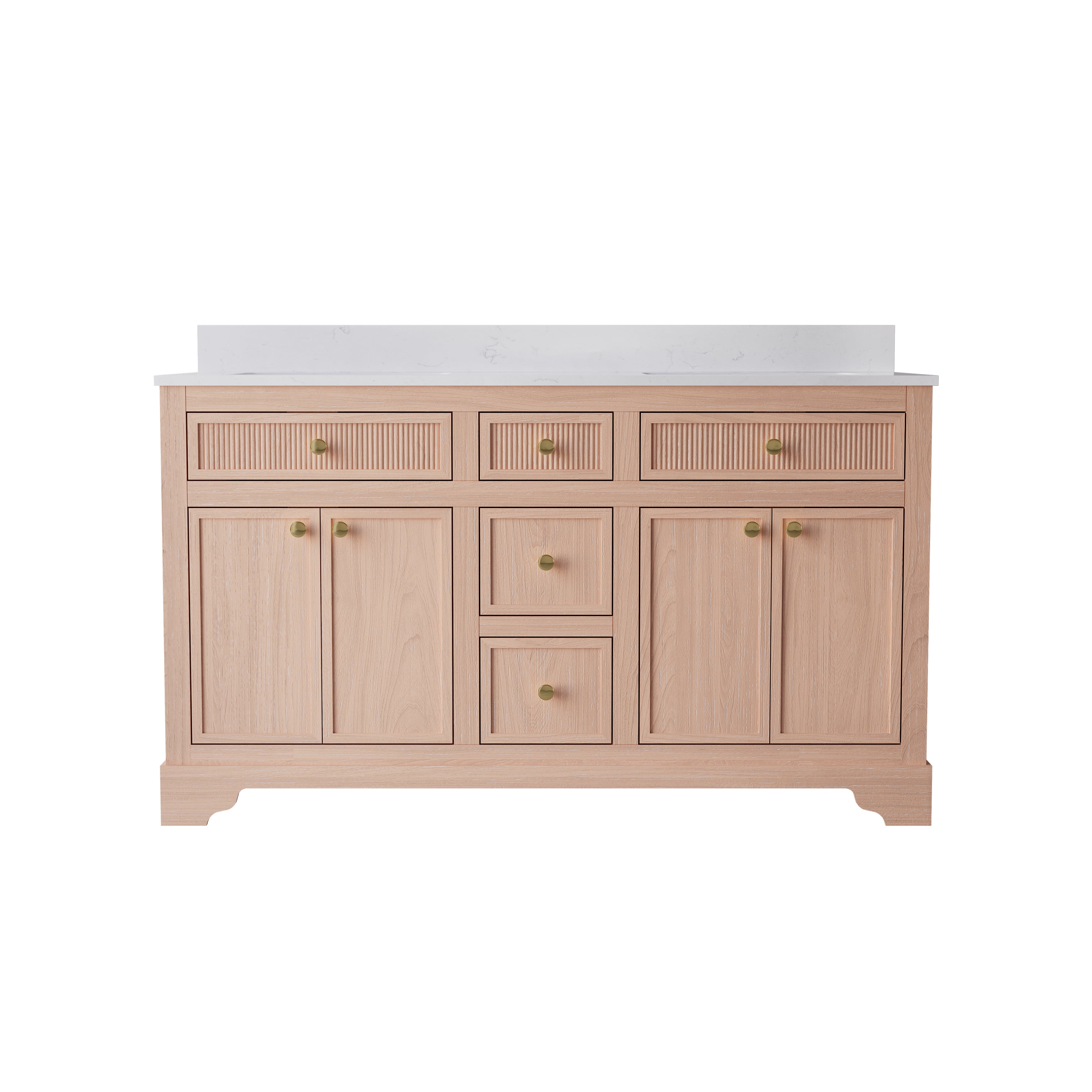 60-Inch Light Wood Freestanding Bathroom Vanity with Carrera White Top Sink