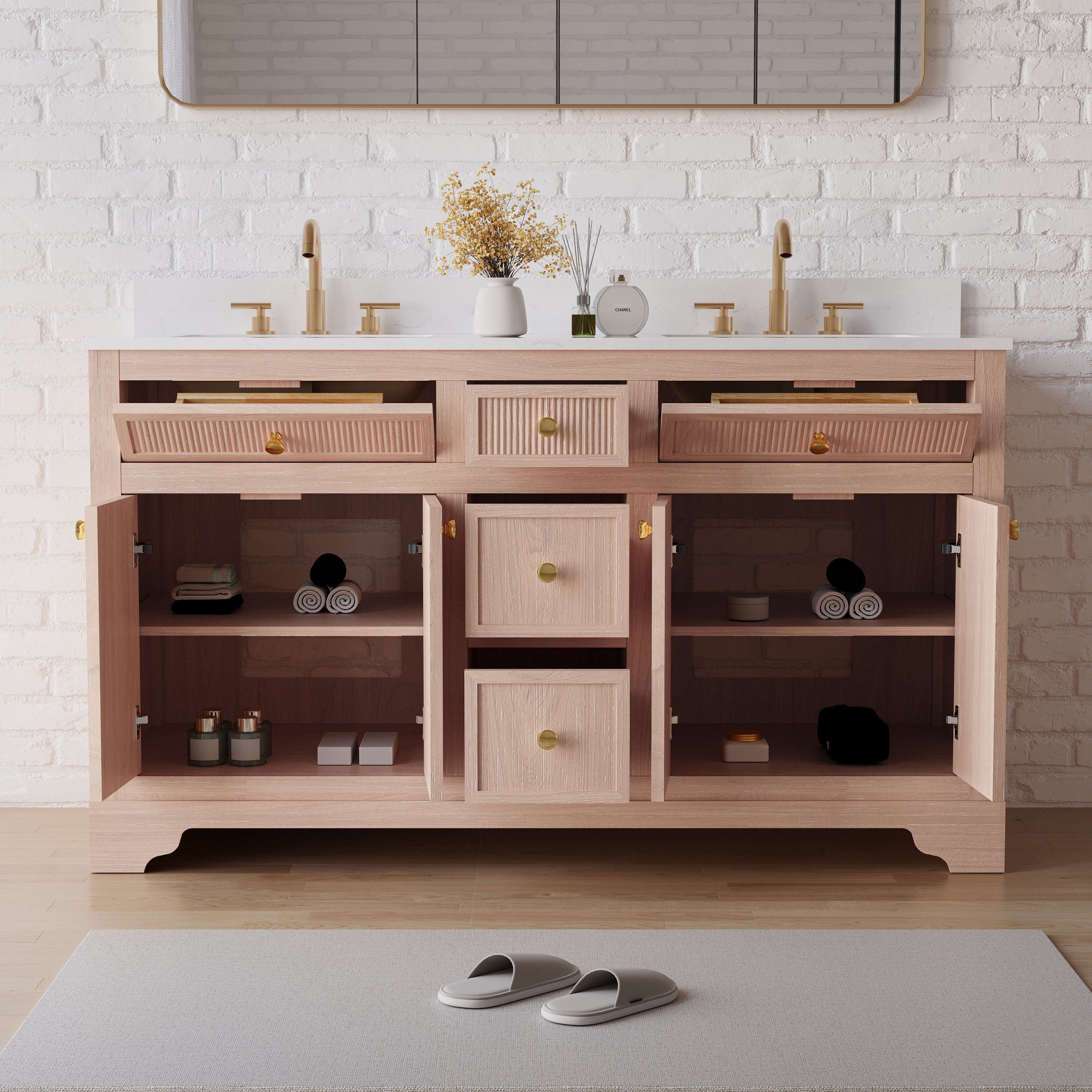 60-Inch Light Wood Freestanding Bathroom Vanity with Carrera White Top Sink