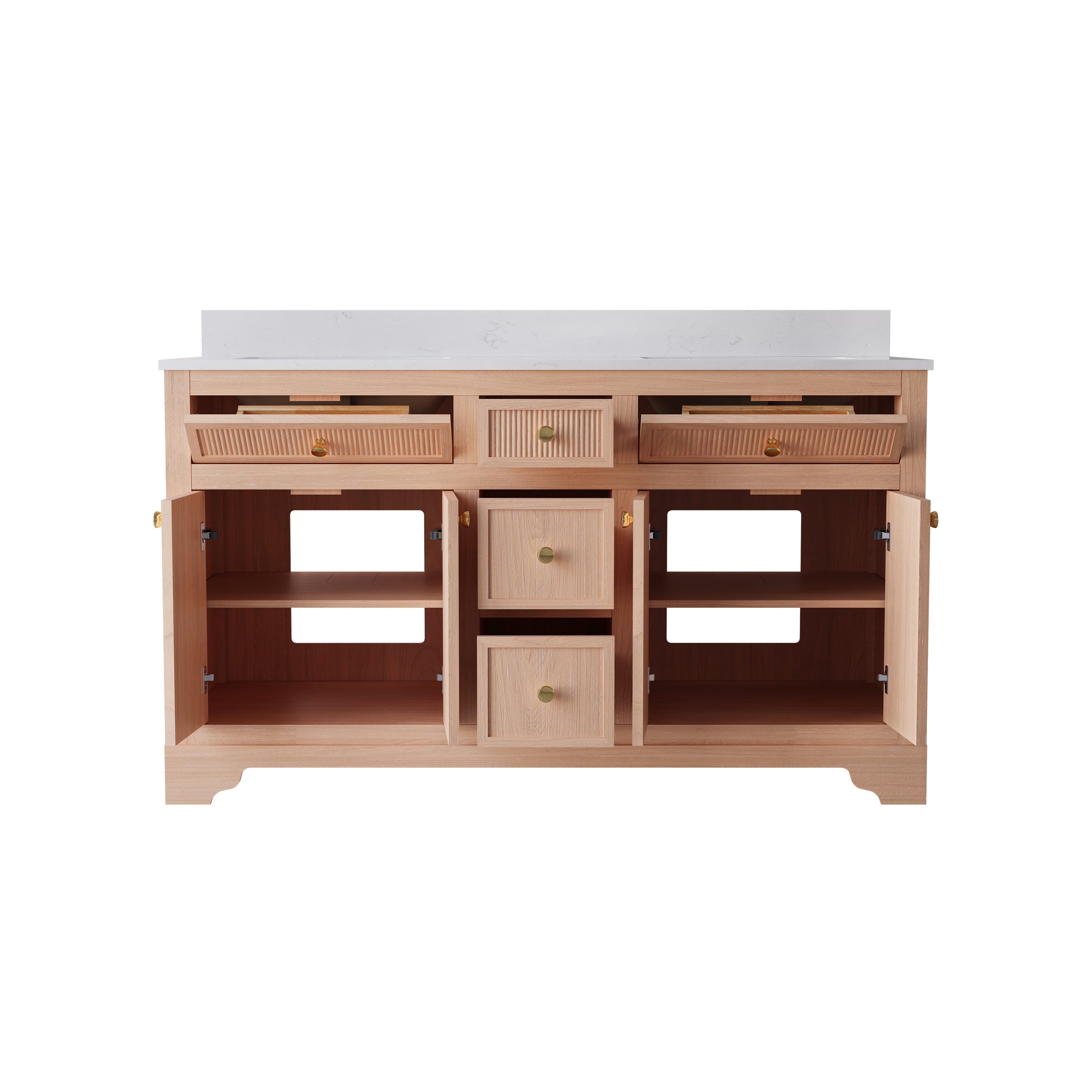 60-Inch Light Wood Freestanding Bathroom Vanity with Carrera White Top Sink