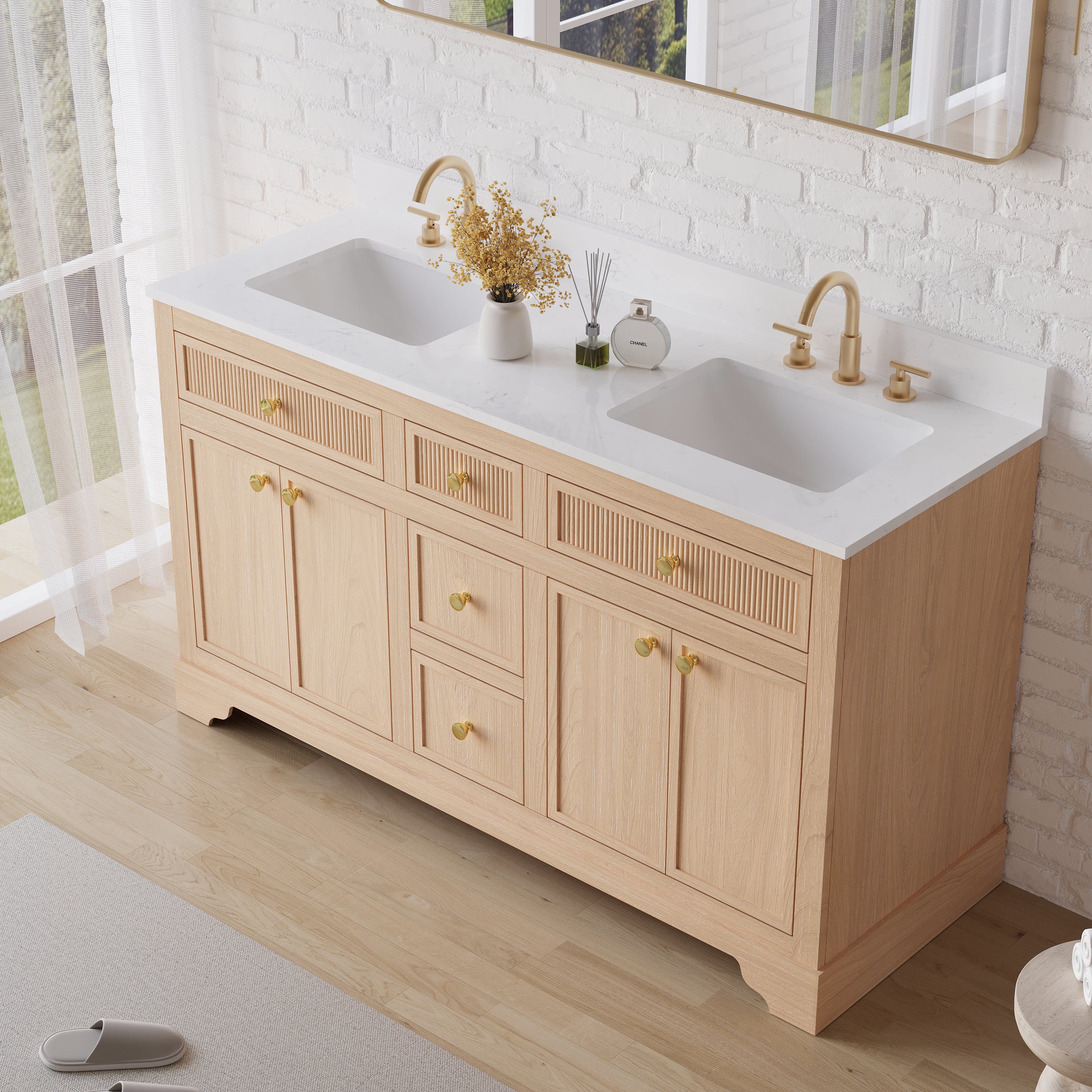 60-Inch Light Wood Freestanding Bathroom Vanity with Carrara White Quartz Top Double Sinks