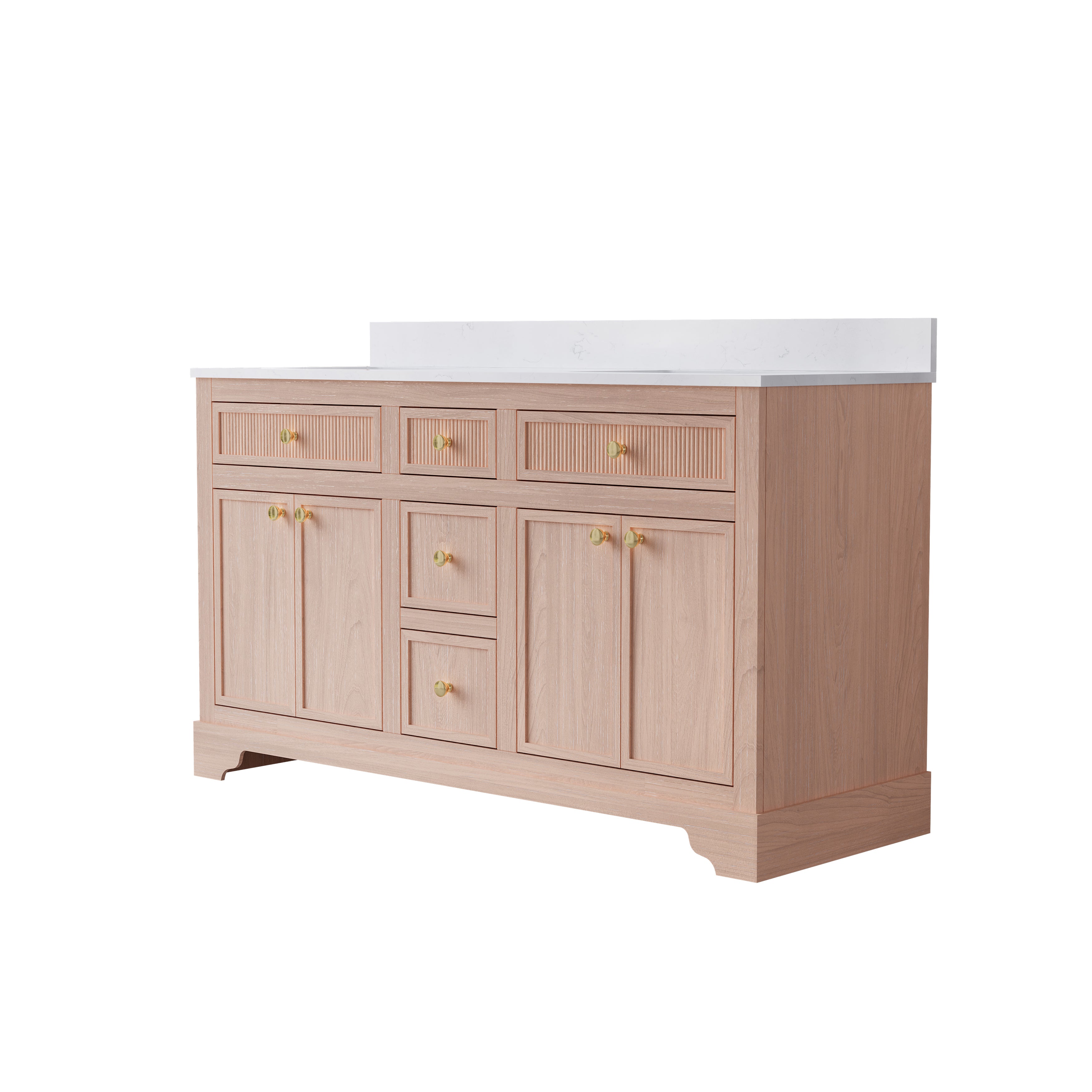60-Inch Light Wood Freestanding Bathroom Vanity with Carrera White Top Sink