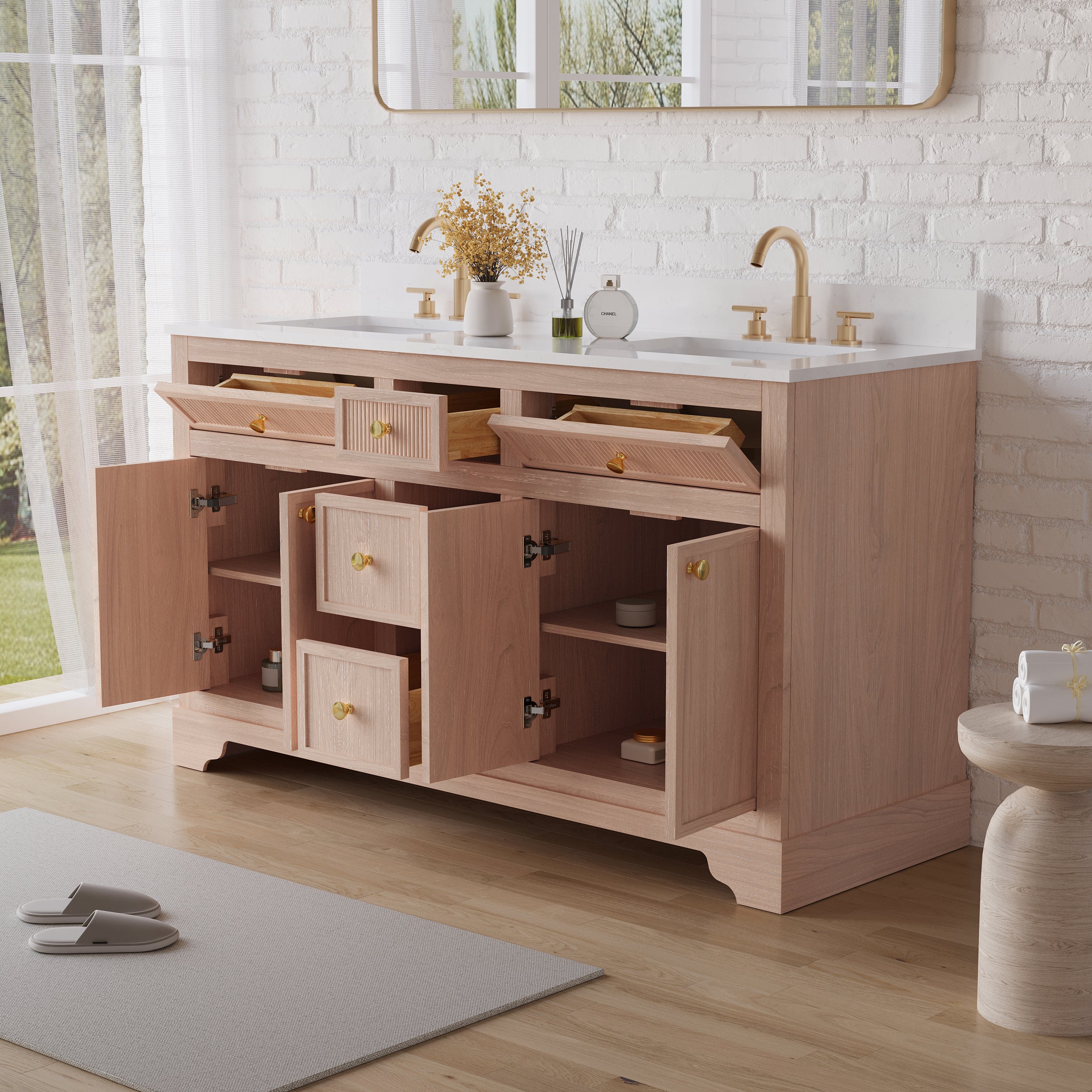60-Inch Light Wood Freestanding Bathroom Vanity with Carrera White Top Sink